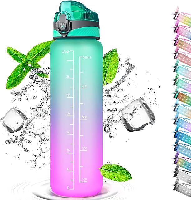 Sports Water Bottle 1 Litre, Time Markings and With Straws Bottles, Water Bottle Opens With 1-Click, Suitable for Fitness, Outdoor, Camping, Yoga, Cycling and Family Life (Gradient Green Purple)