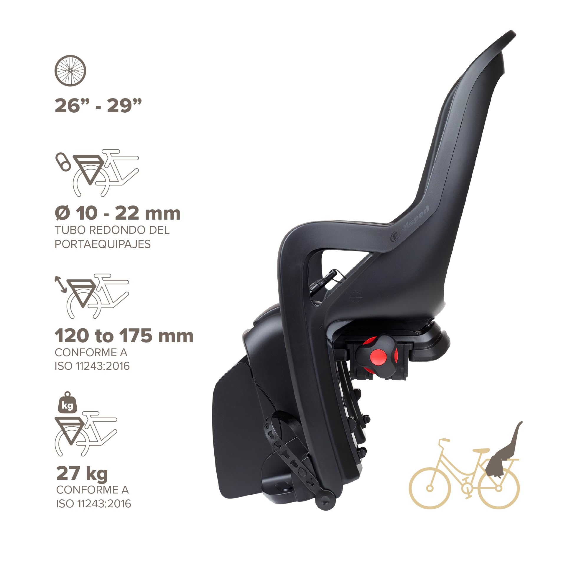 Polisport Groovy Maxi CFS Asiento Trasero para Niños – Asiento Bicicleta Bebés 9 Meses–6 años/hasta 22 kg, Reposapiés Ajustables, Montaje en Portabicicletas