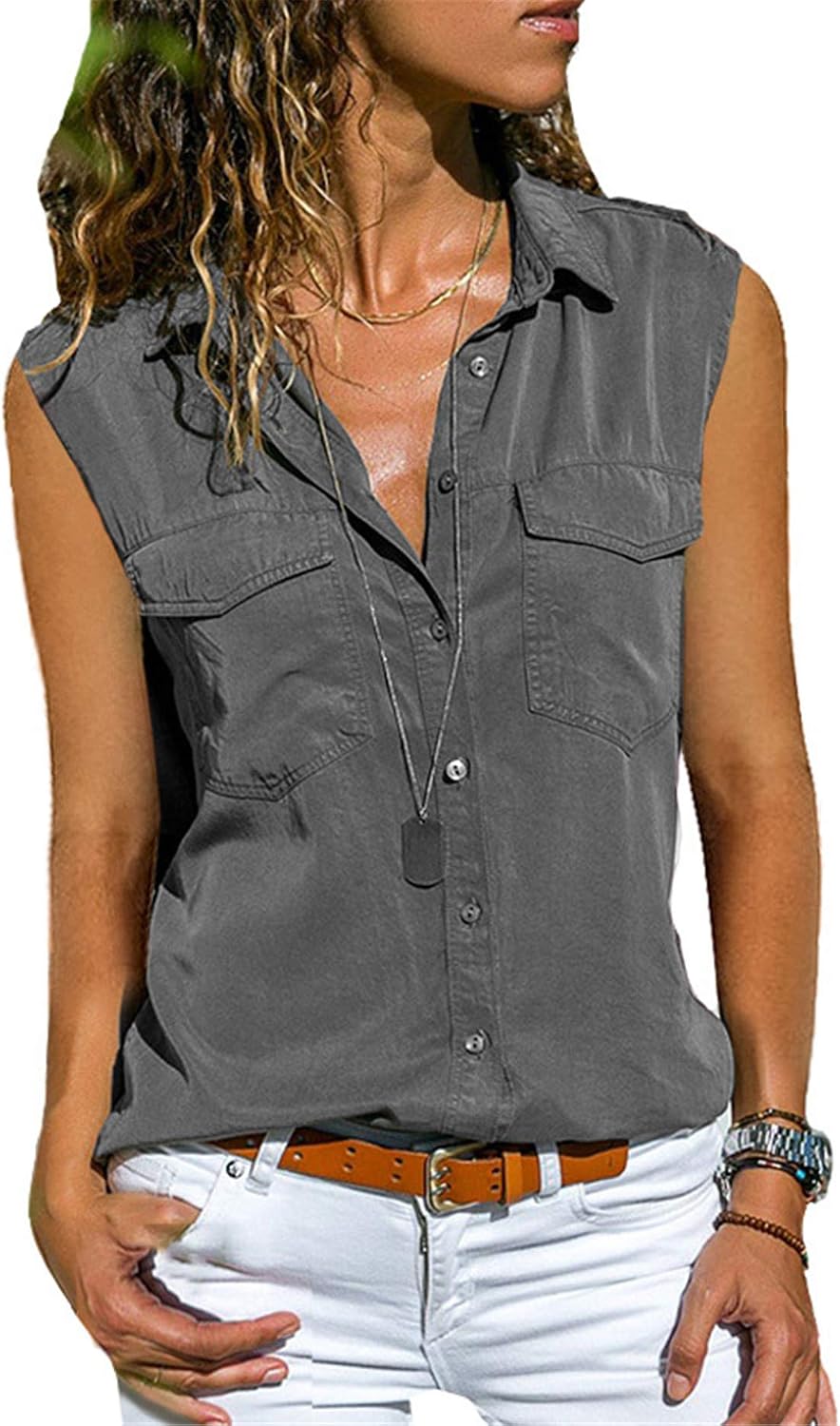 Andongnywell Women's Sleeveless Casual Lapel Solid Color Blouses Pocket Button Shirt Tops Pockets Shirt Blouse