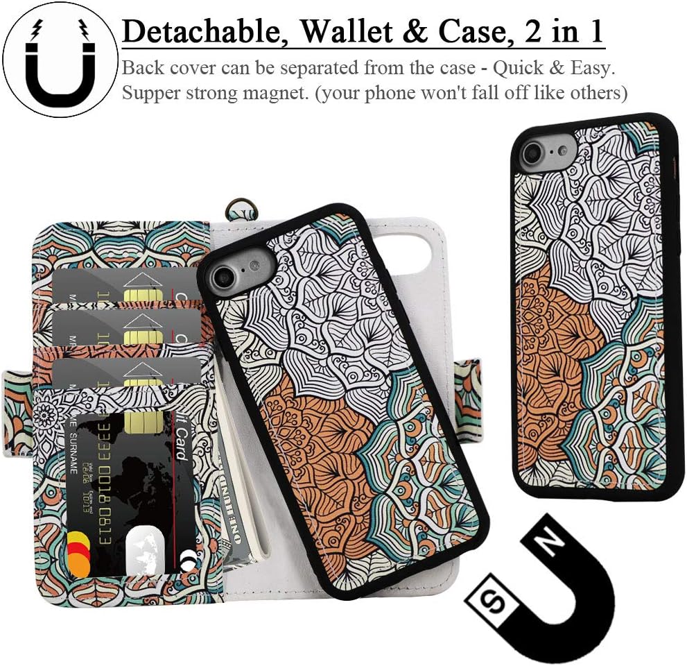 Samgg iPhone 8/7 / 6S / 6 Wallet Detachable Case with Wrist Strap, Magnetic Closure, Card Slot - Flip Folio Leather Cases with Tempered Glass for 4.7 inch Apple iPhone 8/7 / 6S / 6 (Mandala #2)