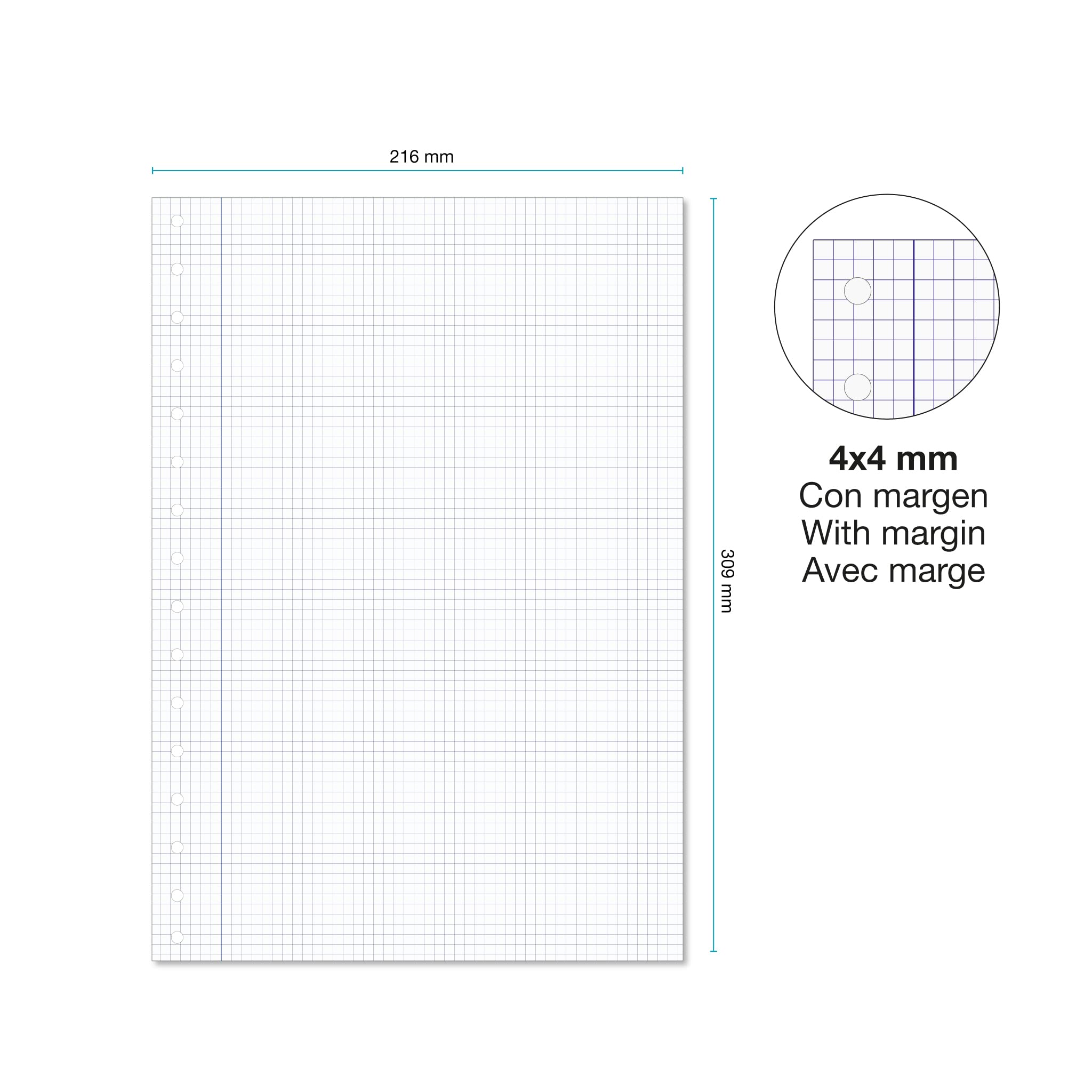 Miquelrius Bloc de recharge 215 x 309 mm 100 feuilles quadrillées 4x4 mm Papier 90 g/m² Recharge perforée pour classeur
