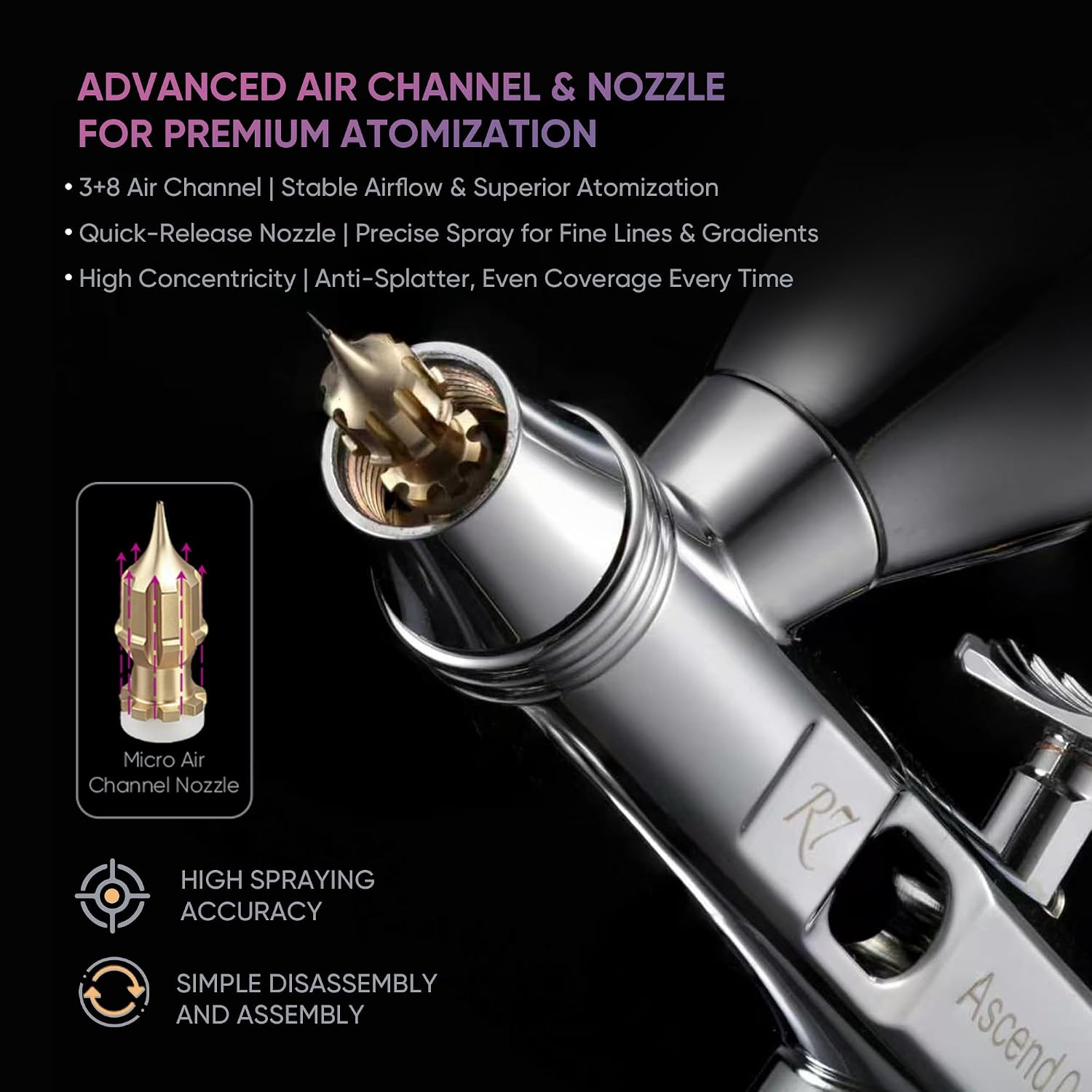 0.2 Airbrush, 0.2mm Precision Nozzle Dual Action Airbrush with 8 Micro Air Channels, 1/2/5ml Mirror Finish Cups for Detail Model Art Painting