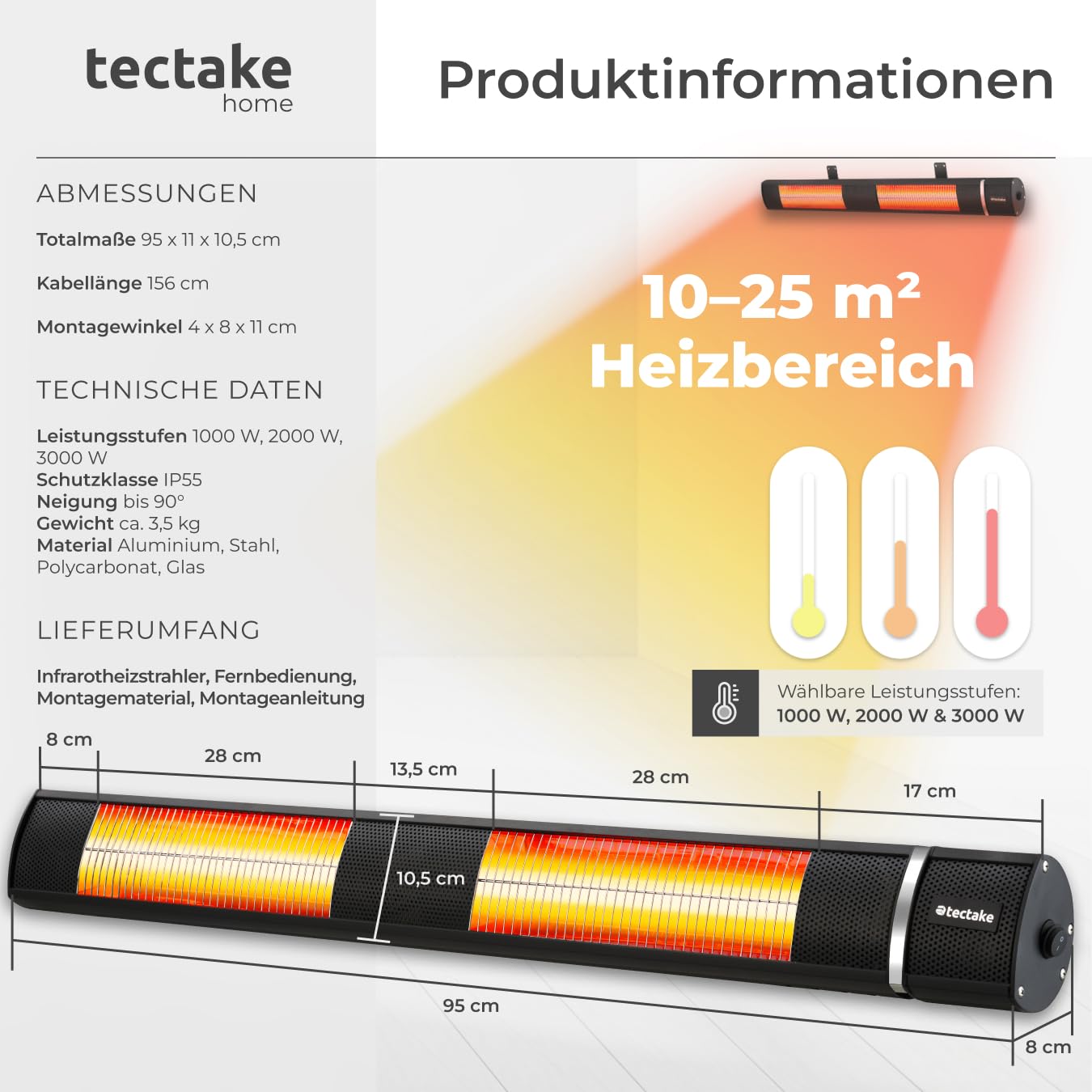 tectake® Infrarot Heizstrahler mit Fernbedienung als Wandheizung oder für Decke, outdoor und indoor, Wärmelampe hängend für Terrasse, Infrarotheizung Camping, elektro Wärmestrahler 3000W