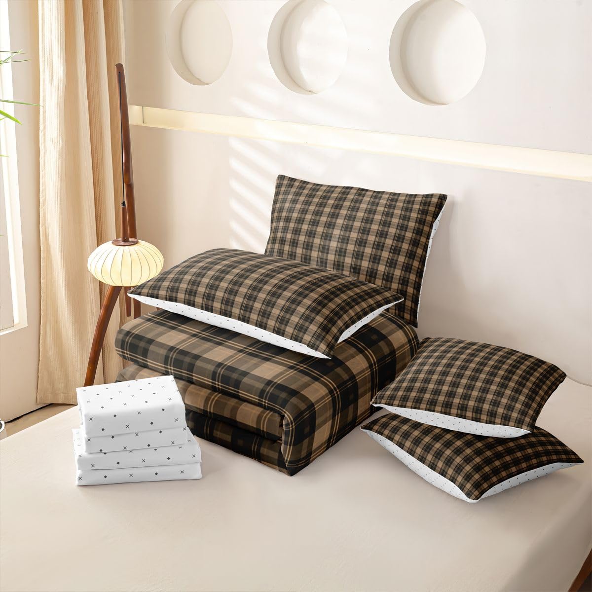 Loussiesd Borwn Green - Juego de funda de edredón con sábanas, 7 piezas, tamaño doble, cama en una bolsa, juego de ropa de cama para niños y niñas, decoración de dormitorio, transpirable, suave y