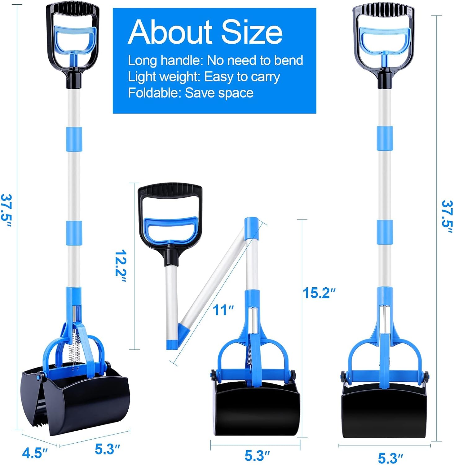 Foldable Dog Pooper Scooper, 37.5 inches Long Handle & High Strength Material Pet Pooper Scooper for Large and Small Dogs, Pet Waste Removal Tool with Jaw Claw Bin Great for Grass/Street/Gravel/Beach