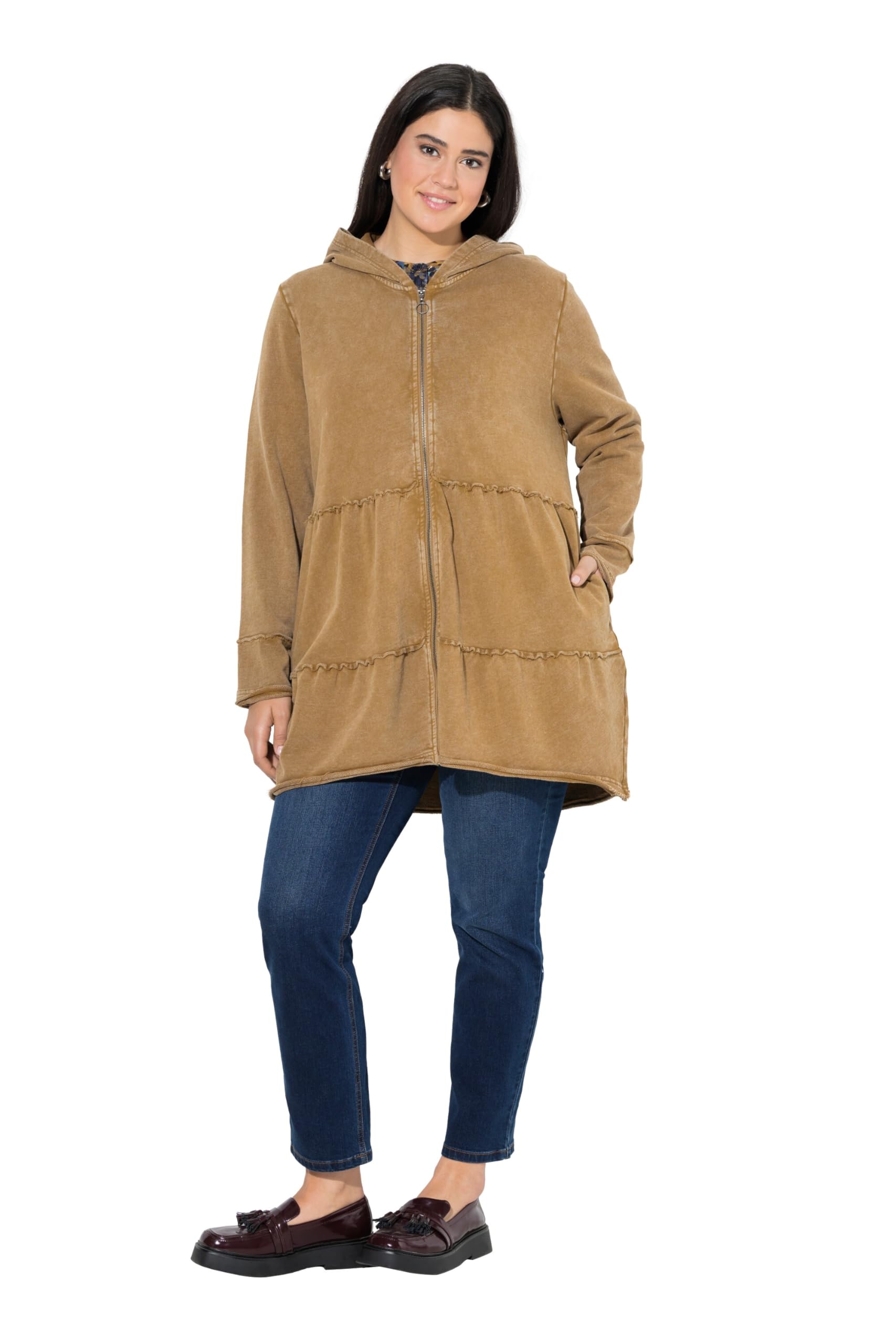Ulla Popken Women's Mocha Brown Wear Plus Size Curvy Tiered Flounce Panel Zip Up Hoodie 58+ 834612331-58+