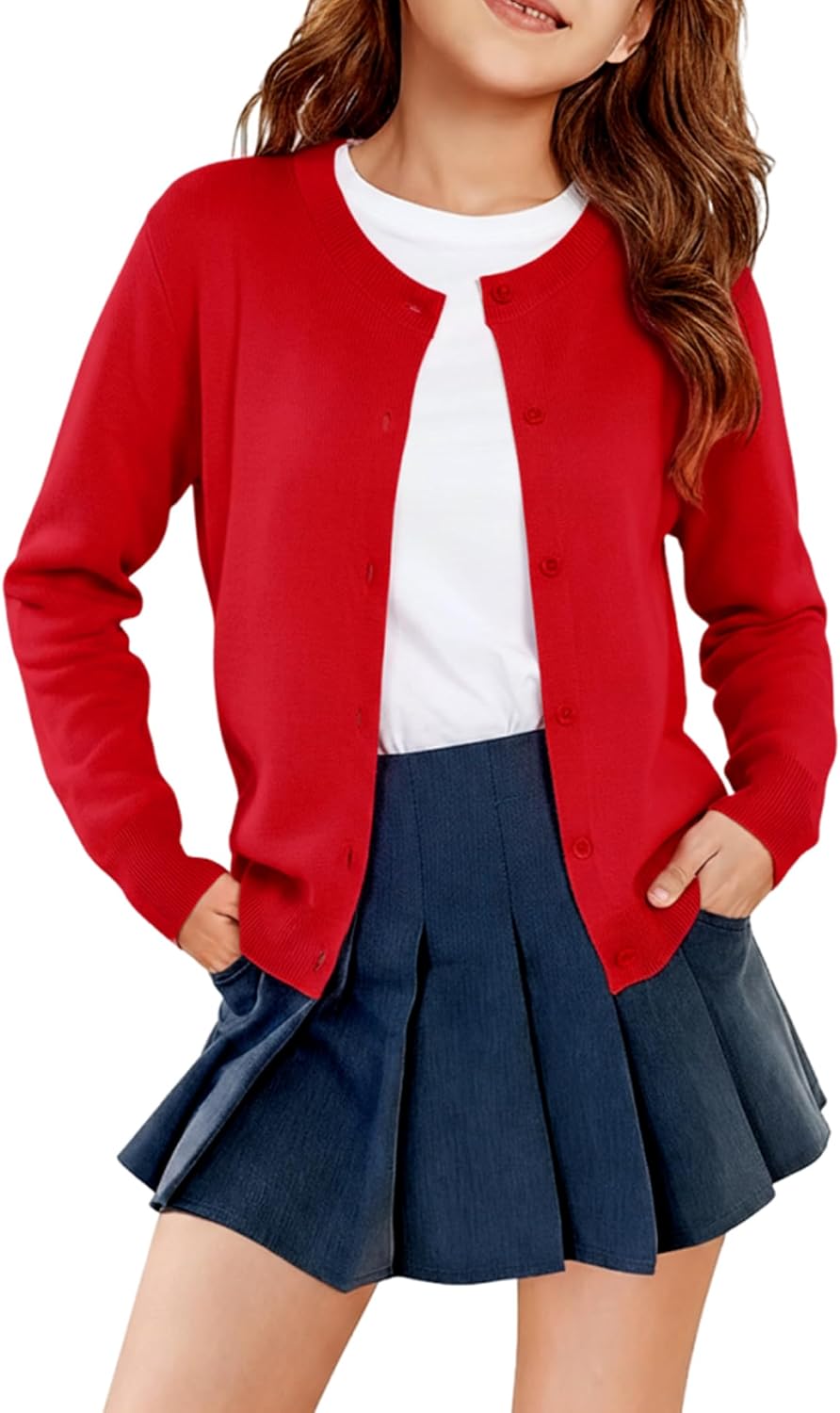 PATPAT Girls Cardigan Sweater Size 4-12 Years Long Sleeve Cotton Knit Crewneck Button School Uniform Kids Casual Cute Outwear