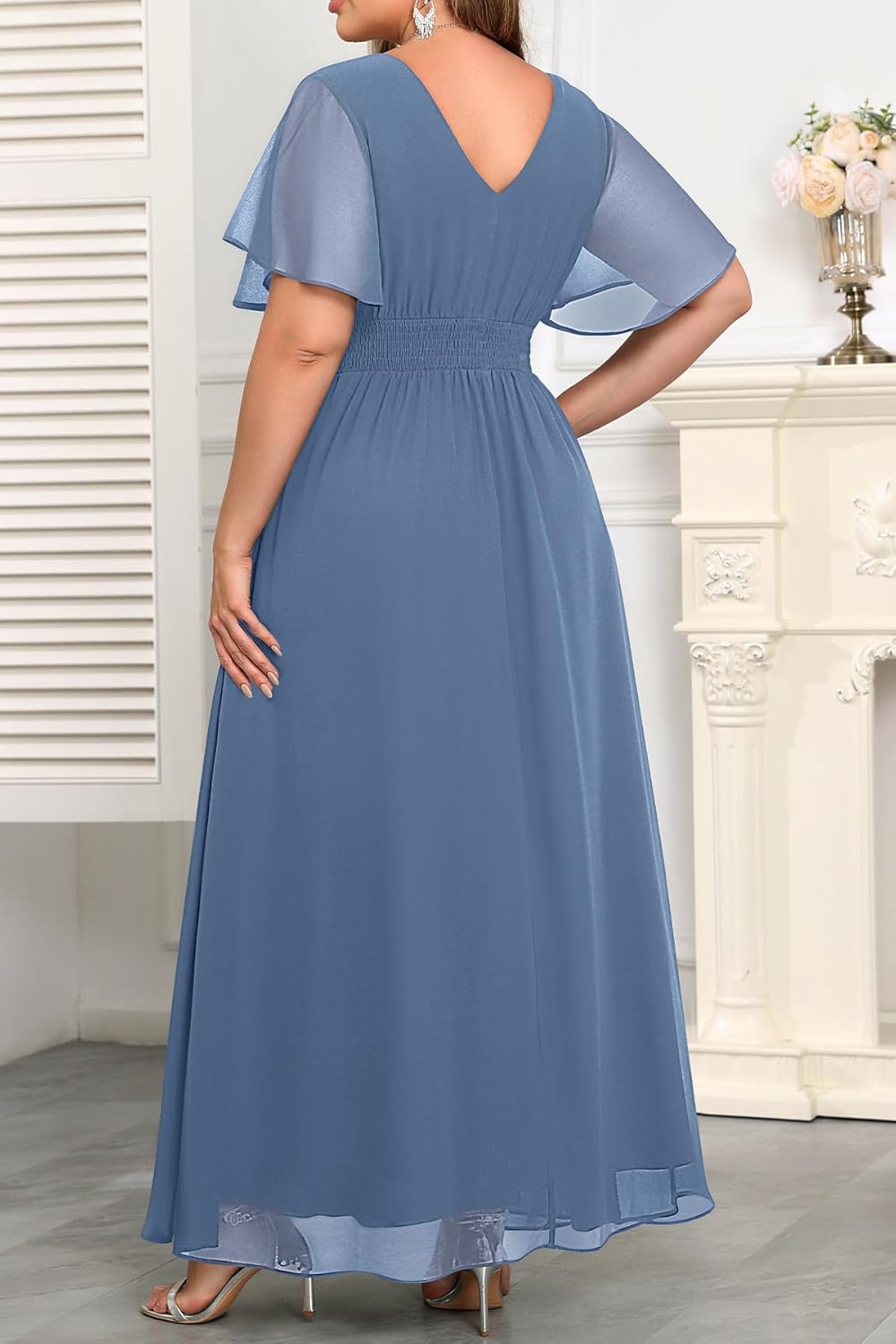 Plus Size Formal Dresses - Wedding Guest Bridesmaid Evening Prom Chiffon V Neck Ruffle Short Sleeves Long Dress Women