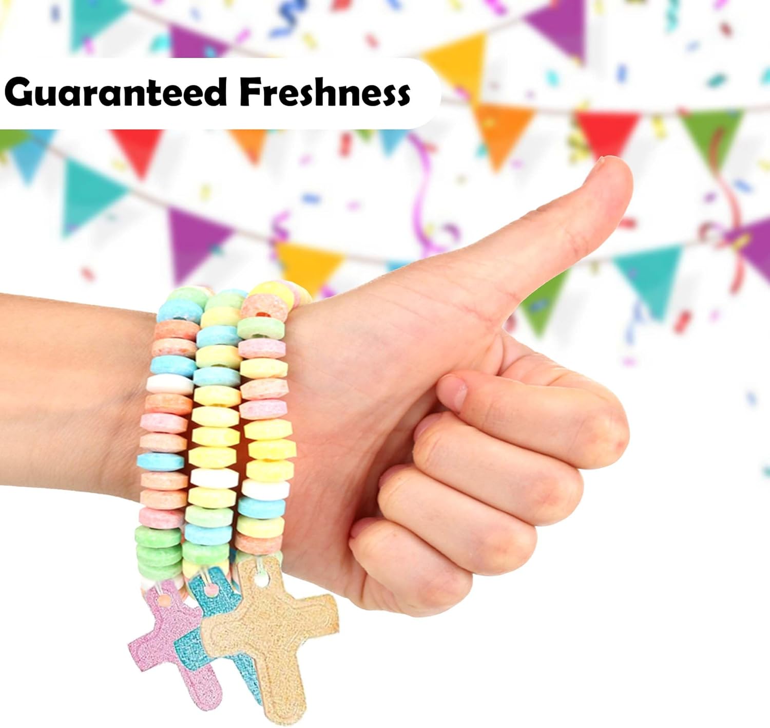Fun Express Candy Cross Bracelets Individually Wrapped 12 Pack - Religious Scripture Candy Jewelry for Kids Church VBS Sunday School Easter Party Favors | Stretchable Fruit-Flavored Goodie Bag