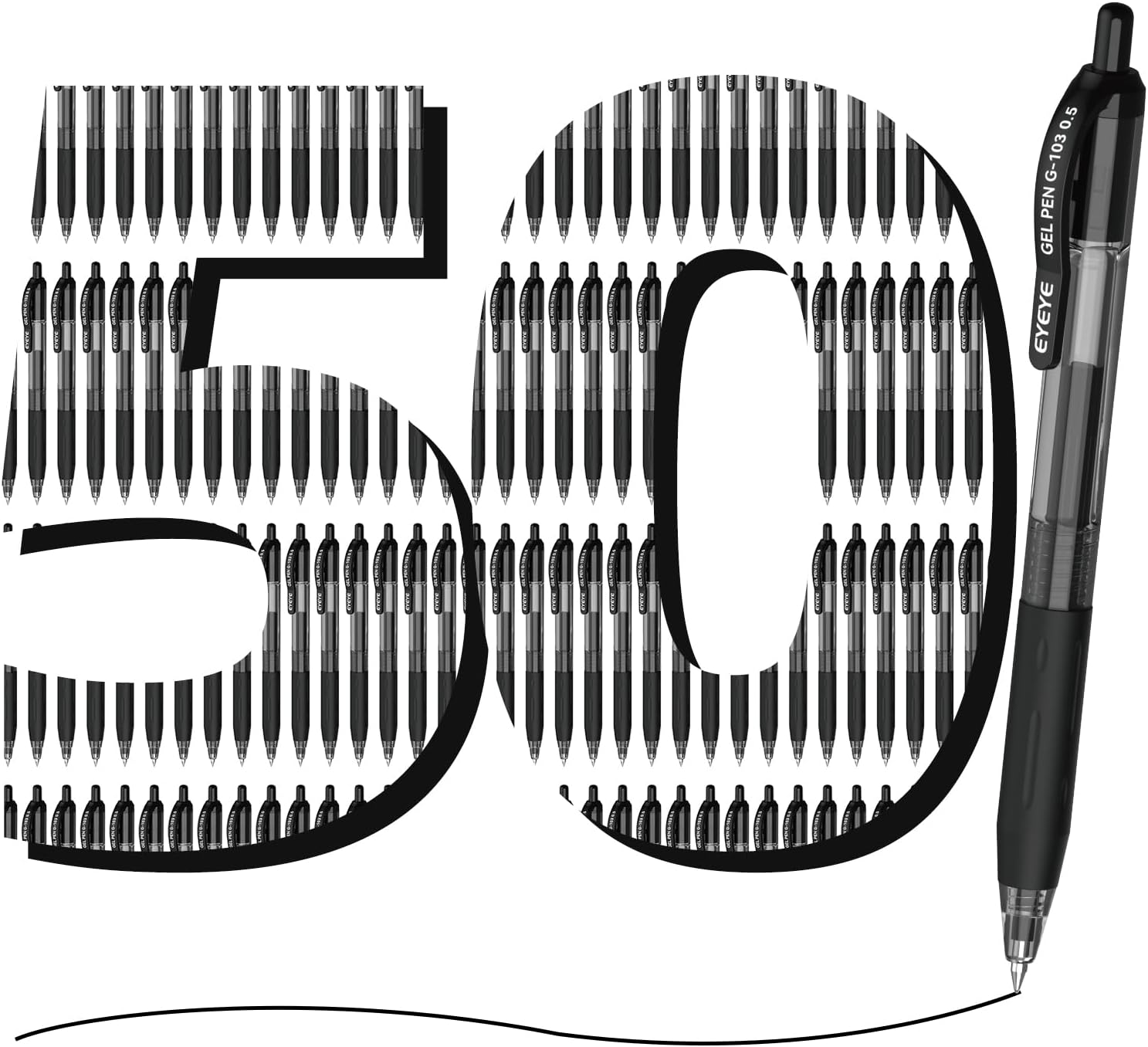 EYEYE G-103 Retractable Gel Pens Black 50 Pack, 0.5mm Extra Fine Point Ink Pen Quick Dry, Ballpoint Pen Fine Point Smooth Writing Pens for for Office School Supplies