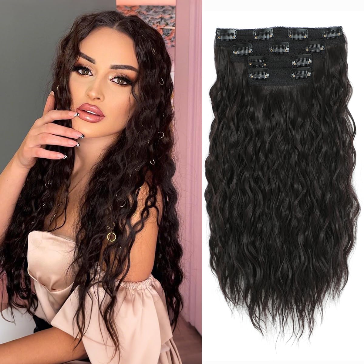 VEGALILY Upgrade 20inch Hair Extensions 4PCS Curly Hair extensions Clip in Dark Brown hair Extension for Full Head Soft Hairpieces for Women