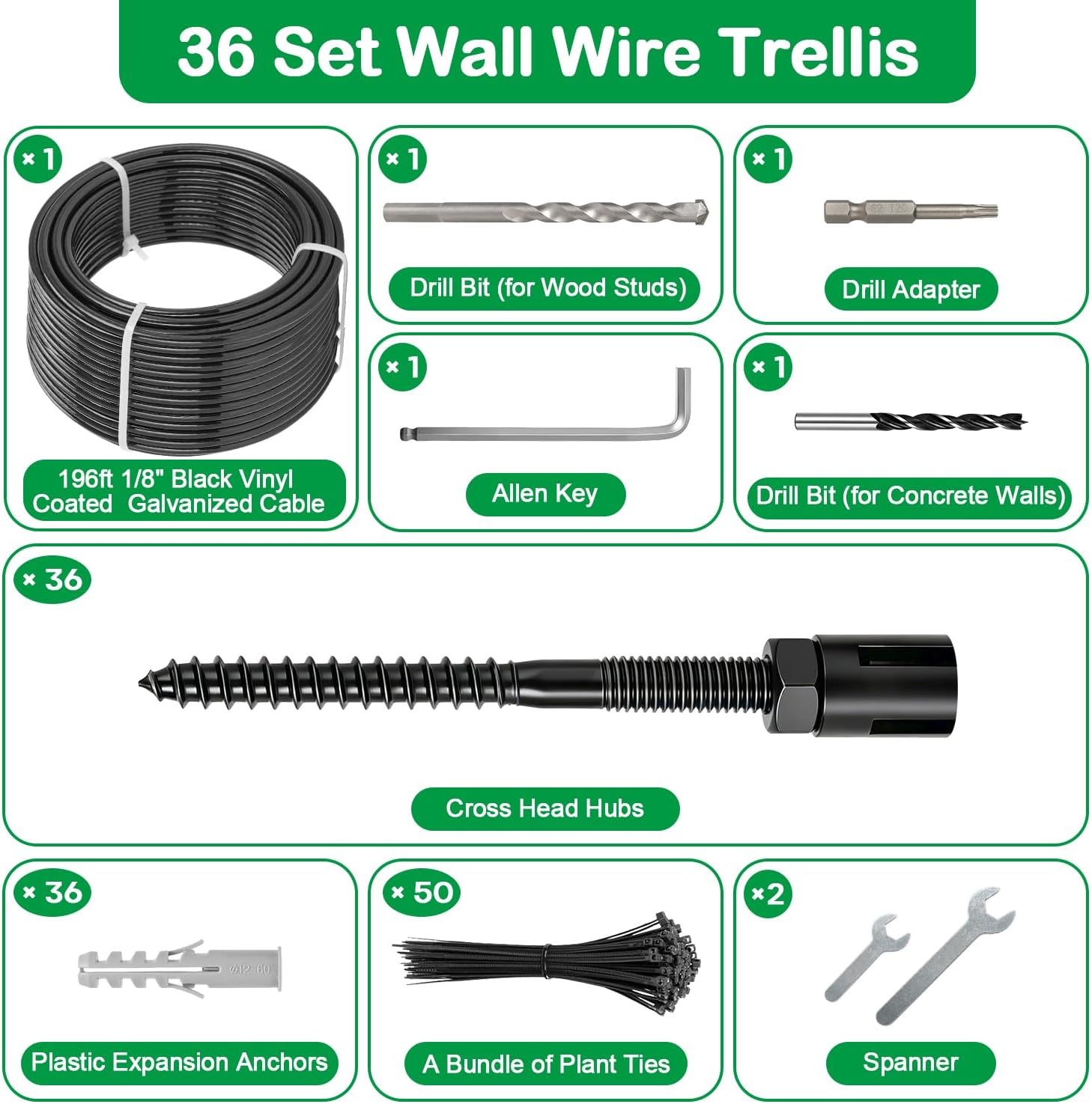tootaci wire trellis for climbing plants outdoor, 36 set black wall wire trellis kit with 196ft 1/8 vinyl coated cable, modern minimalist support system for wall, fence, diy plant training 36set