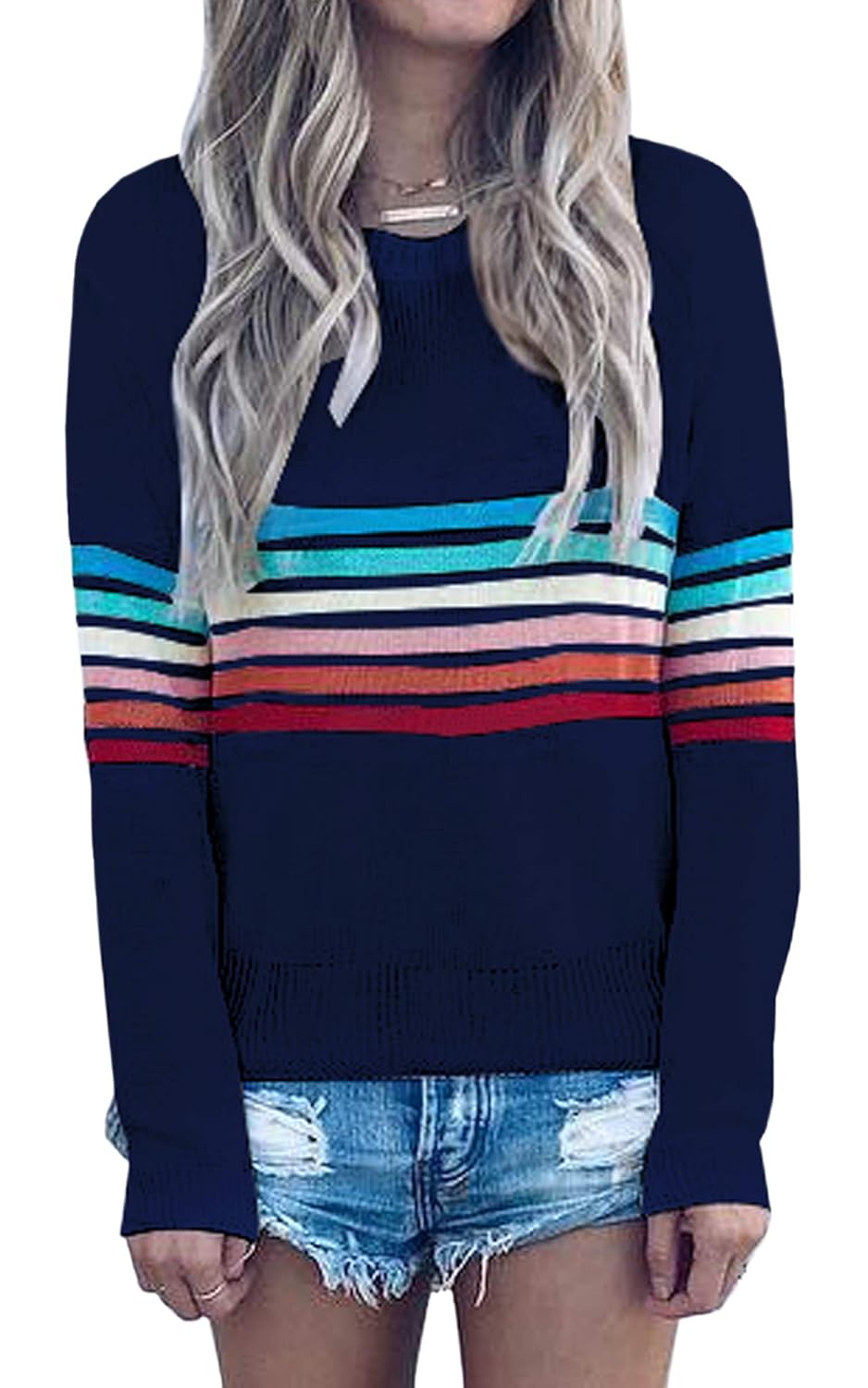 ECOWISH Womens Sweater Rainbow Colorful Striped Sweaters Long Sleeve Crew Neck Color Block Casual Pullover Blouse Tops
