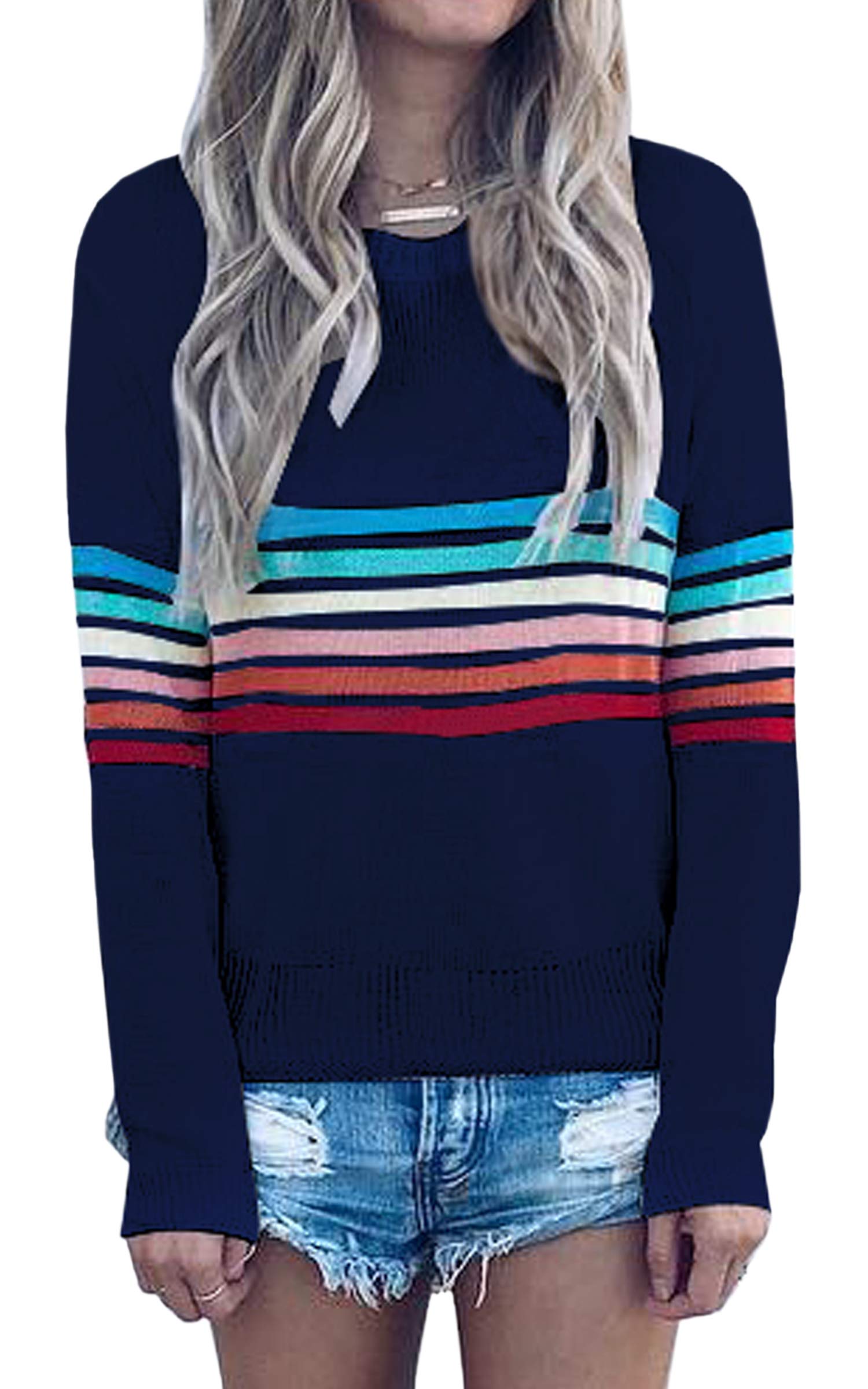 ECOWISH Womens Sweater Rainbow Colorful Striped Sweaters Long Sleeve Crew Neck Color Block Casual Pullover Blouse Tops