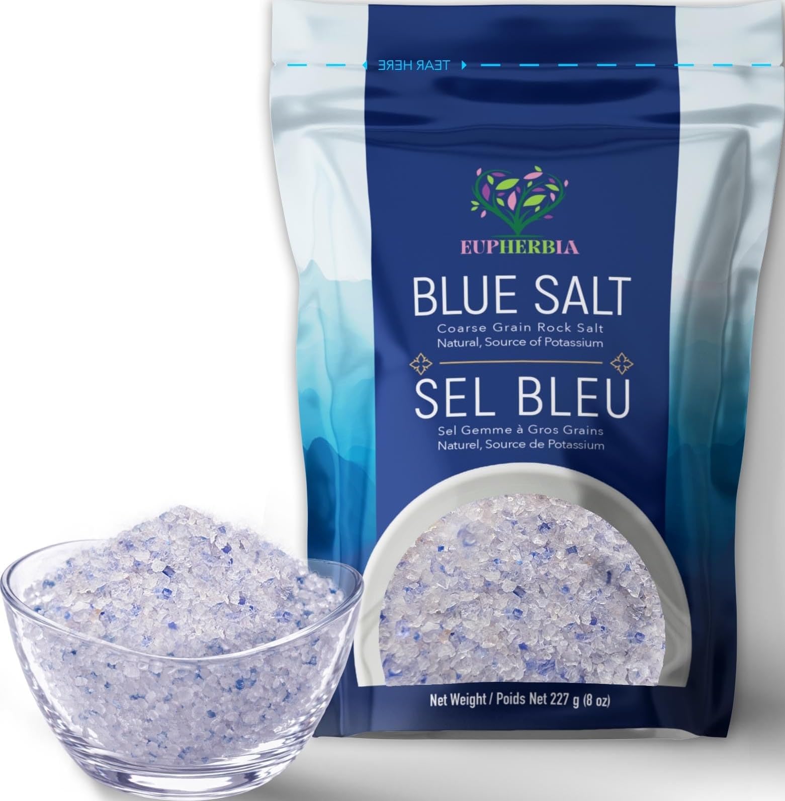 EUPHERBIA Blue Salt, Coarse, Rare Mineral Salt, High Potassium, Lower Sodium, Natural, Unprocessed, Hand Harvested, Kosher Certified, 227g (8 Oz)