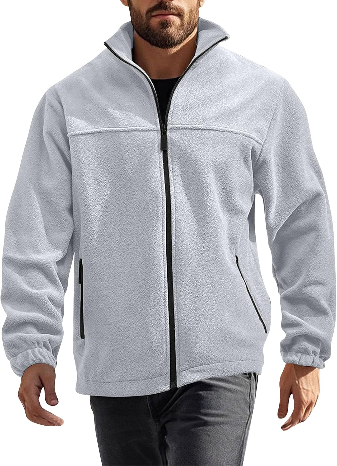 Mens Polar Fleece Jacket Full Zip Lightweight Casual Outdoor Stand Collar Warm Coats With Pockets, M-3XL