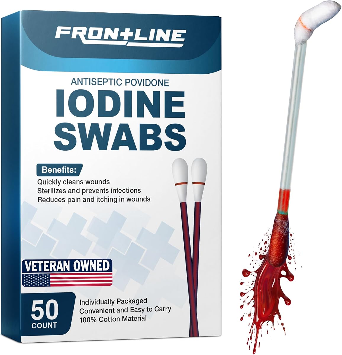 Hisopos de povidona yodada, paquete de 50, solución antiséptica de yodo para el cuidado de heridas | Fácil de usar, 10 % más de solución de yodo, bastoncillos de algodón, limpieza nasal, suministros médicos y de primeros auxilios, envueltos individualmente