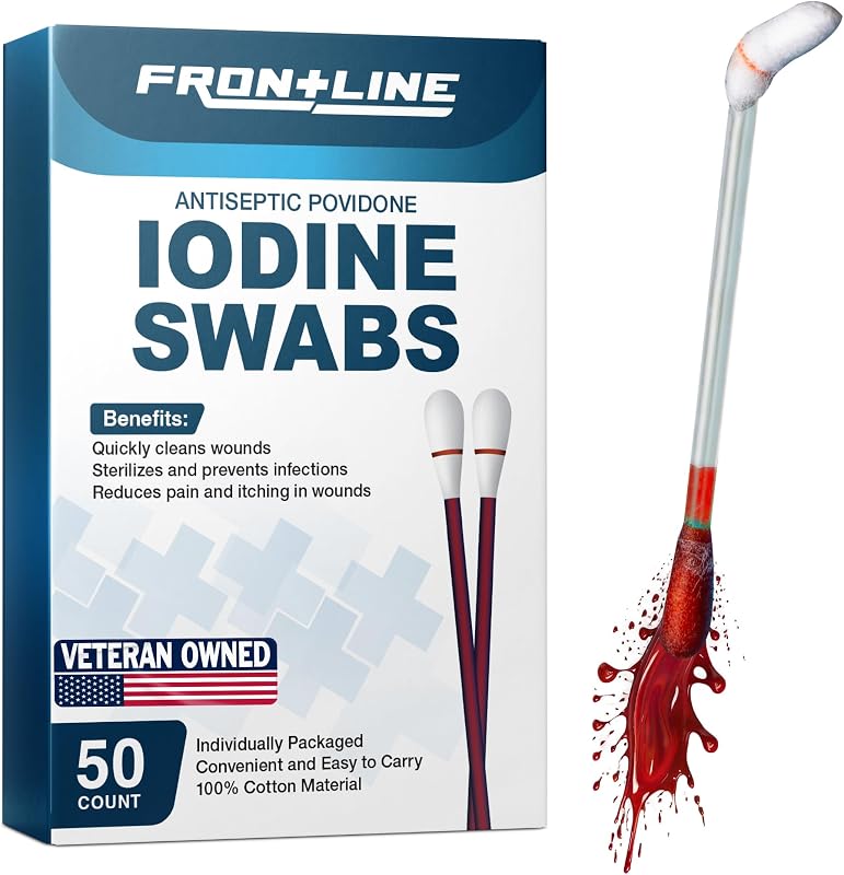 Hisopos de povidona yodada, paquete de 50, solución antiséptica de yodo para el cuidado de heridas | Fácil de usar, 10 % más de solución de yodo, bastoncillos de algodón, limpieza nasal, suministros médicos y de primeros auxilios, envueltos individualmente