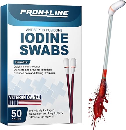 FrontLine Povidone Iodine Swabs, Antiseptic Swabsticks, Iodine Solution, Cleansing Cotton Swab, Individually Wrapped Medical Supplies, Wound Care, First Aid, Wound Cleaner, Box of 50