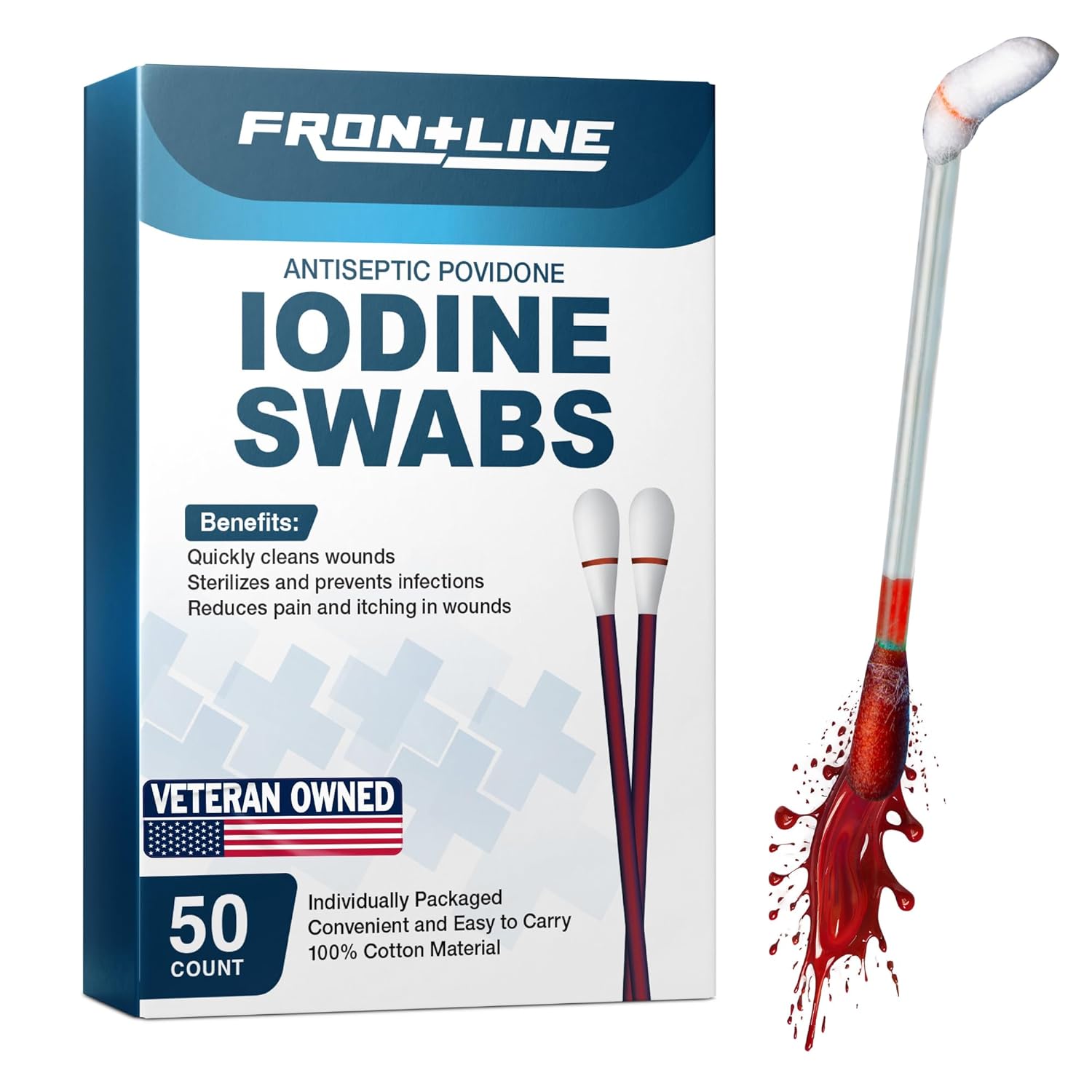 FrontLine Povidone Iodine Swabs Antiseptic Swabsticks Iodine Solution Cleansing Cotton Swab Individually Wrapped Medical Supplies Wound Care First