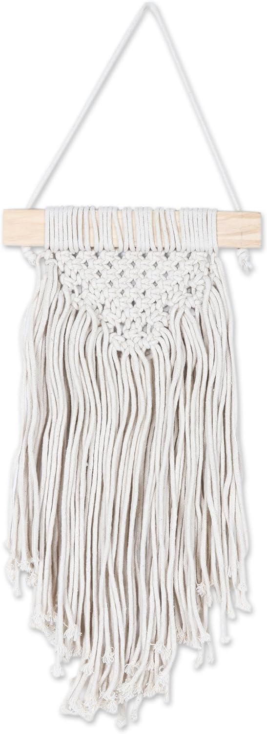 NOVICA Artisan Handmade Cotton Wall Hanging Ivory with Pine Wood Rod Wood India Decor 'Bohemian Waterfall'
