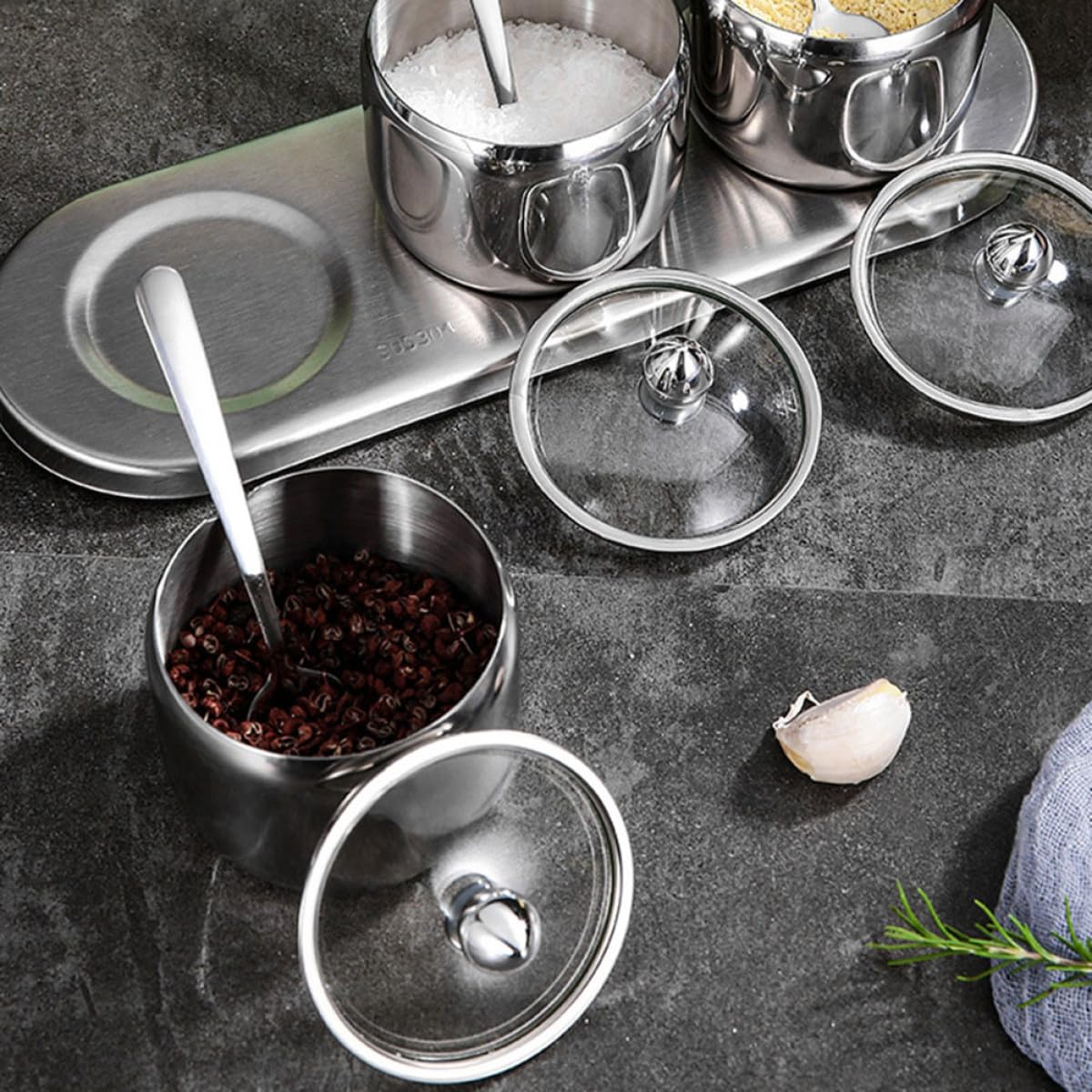 Barattoli per Spezie in Acciaio Inox 304 Set da 3 con Base, Contenitori Multifunzione per Conservazione Sale e Condimenti, Accessori Cucina per Uso Alimentare e Tavola