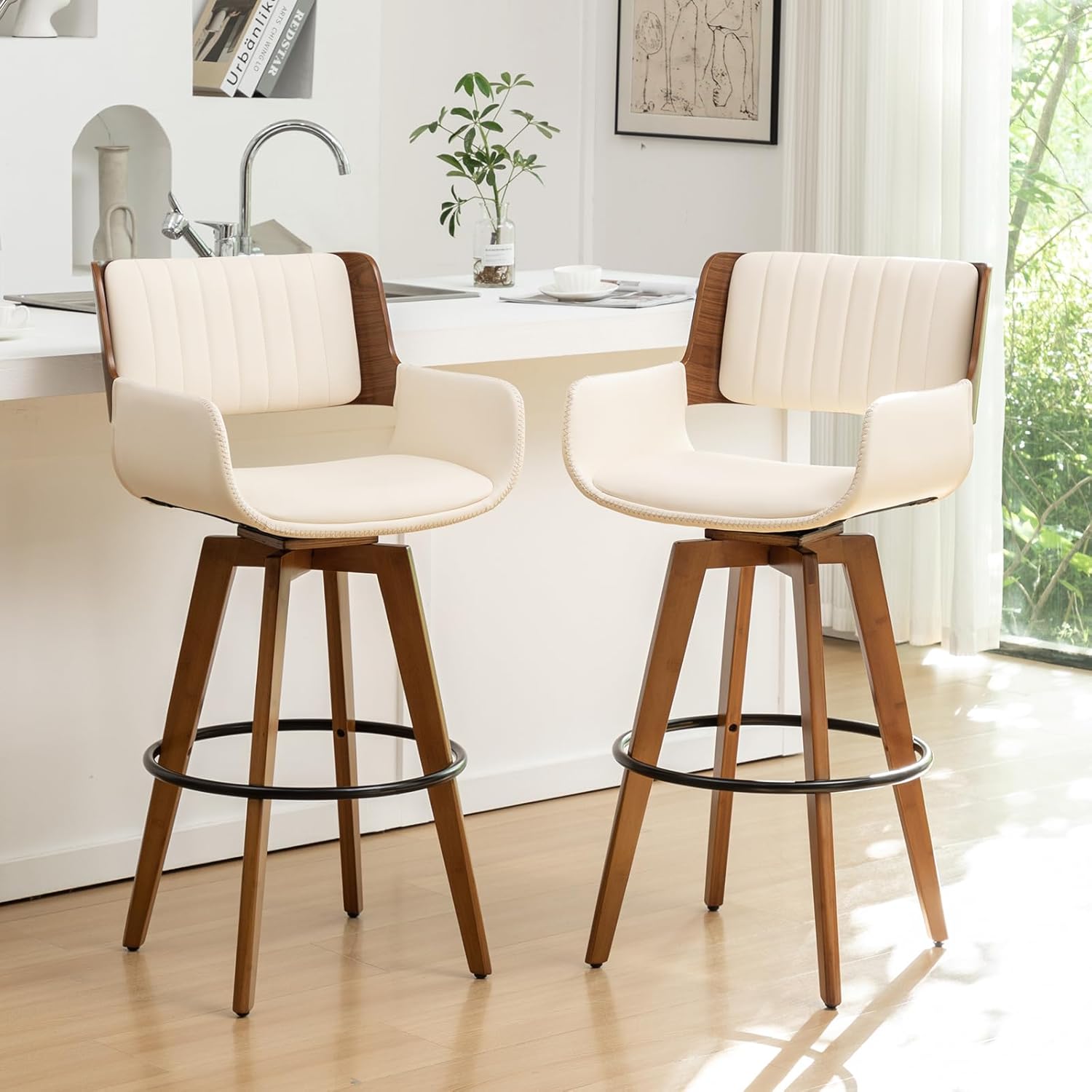MEKLIBA Beige Bar Stools Set of 2, 30 Inch Bar Stools Bar Height,Swivel Barstool with Backs and Arm Rest，Faux Leather Bar Chairs, Mid Century Modern Stools for Kitchen Island