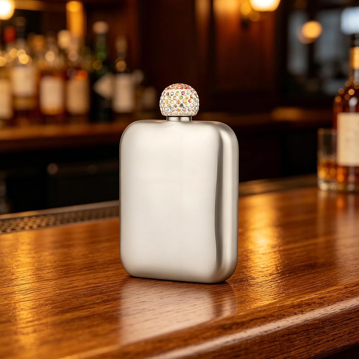 Stainless Steel Square Drinking Flask with Rhinestones, Silver
