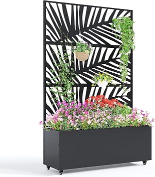 Mobile Metal Raised Garden Bed Planter Box with Trellis Deep 15.7" Outdoor Planter, Privacy Screen, Drainage Holes for Climbing Plants 118x40x180cm, Palm Leaf Design, with Wheels