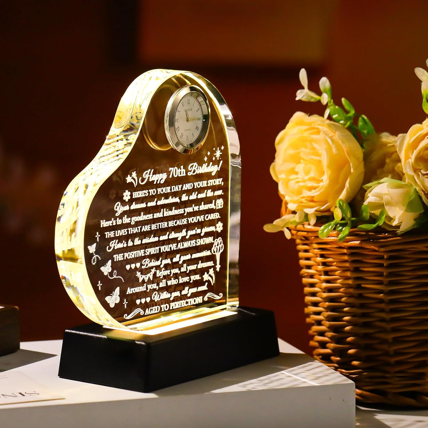 Movdyka Unique Happy 70th Birthday Gifts for Women & Men - Personalized 1955 Glass Clock Decor with Night Light, Classy 70 Year Old Female Present for Mom, Dad, Grandparents, Friends