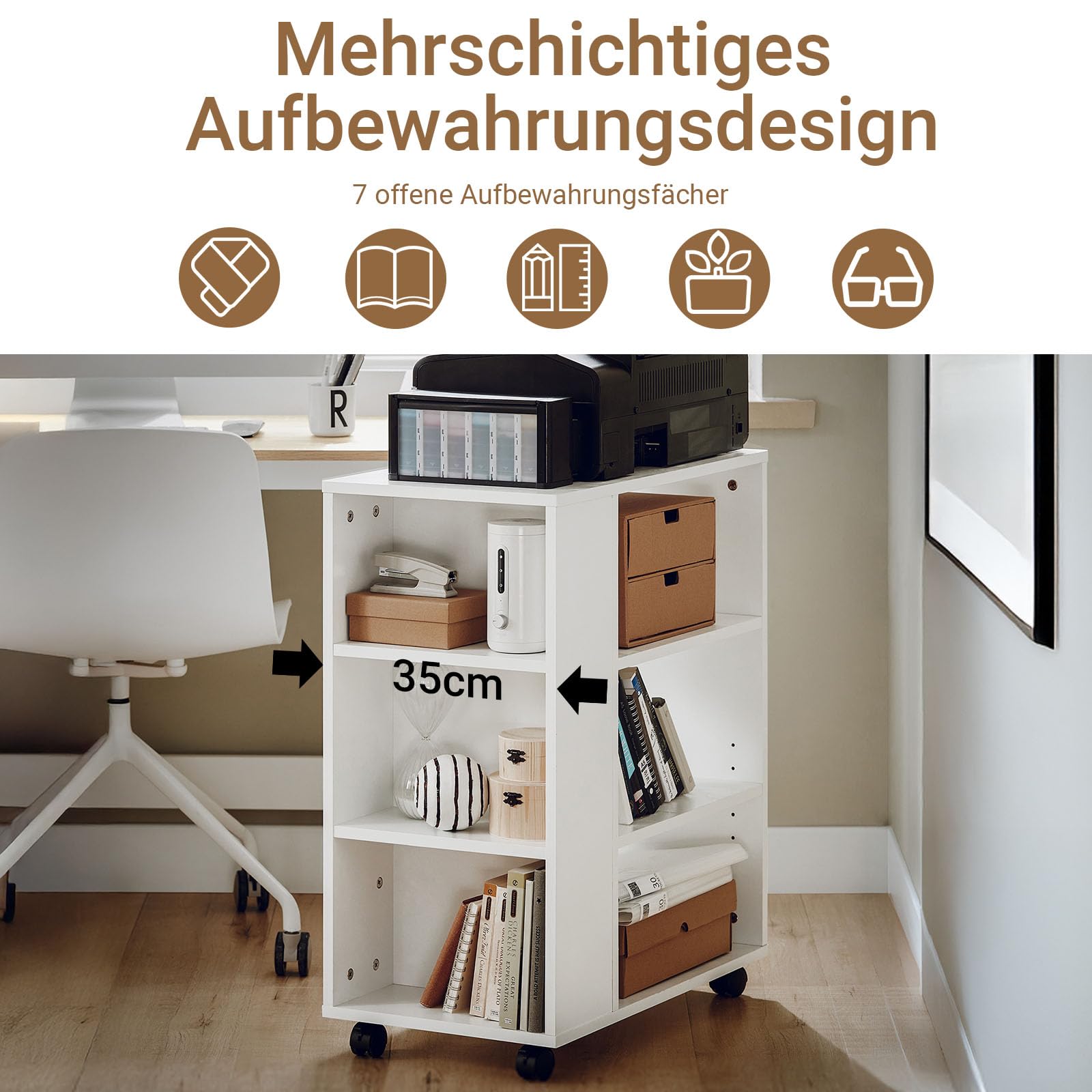 SoBuy Druckertisch mit 7 offene Fächer, Rollcontainer für Büro, 60x75x35 cm | Druckerschrank aus PB(E1), 35 cm schmal, 1 verstellbares Regal, Beistelltisch mit Rollen für Drucker geeignet, Weiß FBT68-W