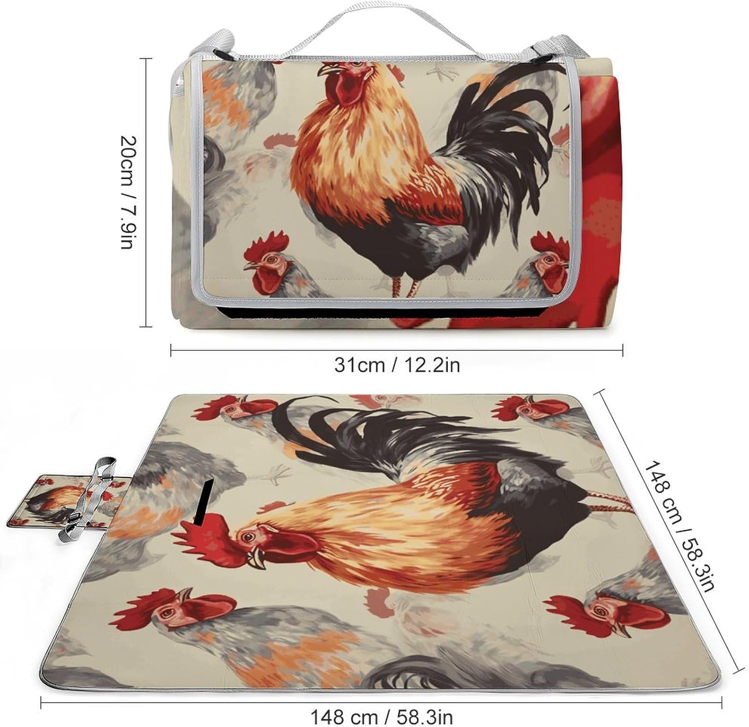 Animal Art Chicken Painting Waterproof Picnic Blanket 58.3''x58.3'',Portable and Foldable Picnic Mat with Handle,Outdoor Blankets for Lawn Park Beach Travel