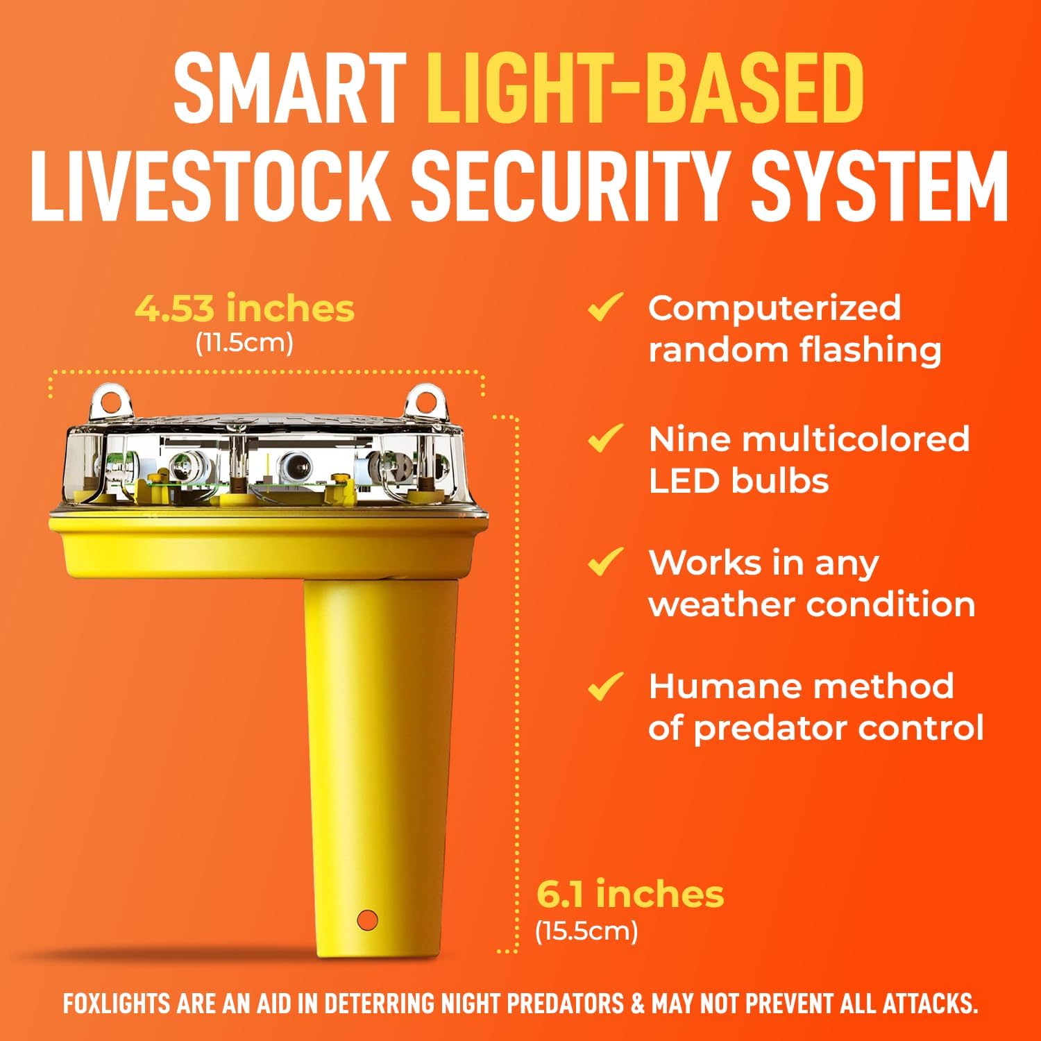 Solar Foxlights Predator Deterrent 9-LED Night Wildlife Repeller with 360° Coverage, Random Flashing Colors – Humane, Solar or Battery-Powered Protection for Chickens, Goats, Gardens Farms & Vineyards