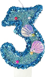 Blue Shell Sequin Number Candle Birthday Cake Number Candle for Mermaid Theme Party, Wedding, Party Party, Party Decoration Supplies (3)