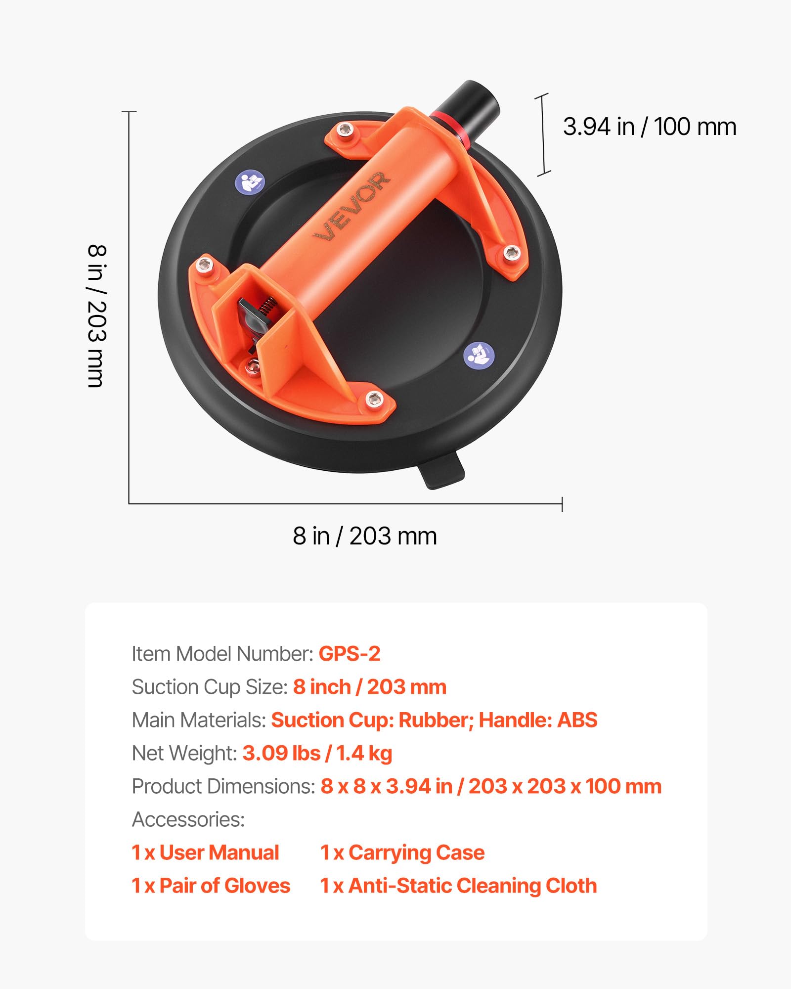 VEVOR Sollevatore a Vuoto per Vetri da 203 mm Impugnatura in ABS, Carico di 180 kg, Utensile a Ventosa per Piastrelle con Custodia per Trasporto per Sollevare Piastrelle di Grandi Dimensioni, 2pz