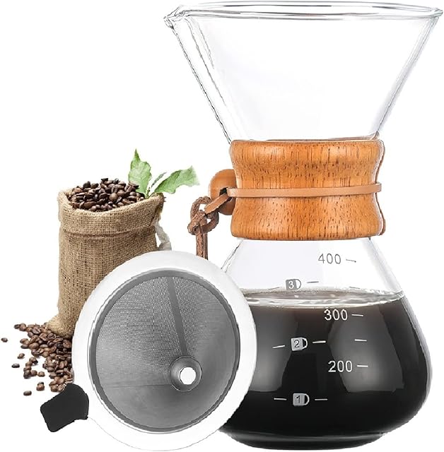 Bestcool Pour Coffee Maker, 400ml Manual Coffee Dripper Brewer with Stainless Steel Filter Borosilicate Glass Carafe with Real Wood Sleeve - No Paper Filters Needed