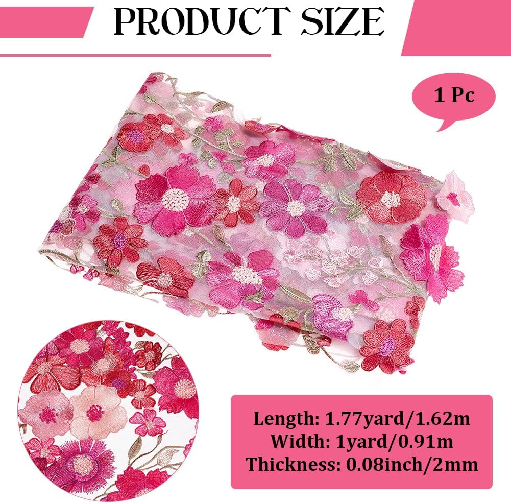 1.88 Yards Hot Pink 3D Flower Lace Fabric Floral Embroidered Mesh Fabric By the Yard Vintage Sheer Polyester Tulle Gauze Embroidery Cloth for Sewing Making Crafts Clothes Dresses Wedding DIY