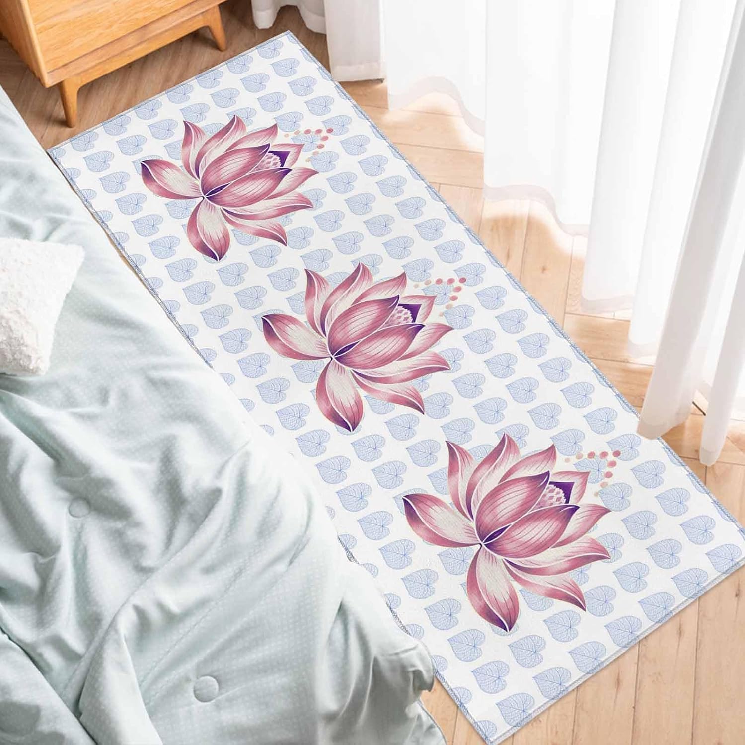 Teamery Kitchen Mats for Floor Boho Pink Lotus Flower Blue Leaves Washable Non Slip Kitchen Rugs 1PCS, Abstract Floral Absorbent Standing Mats for Sink Bathroom Office Living Room 15.7x47.2in