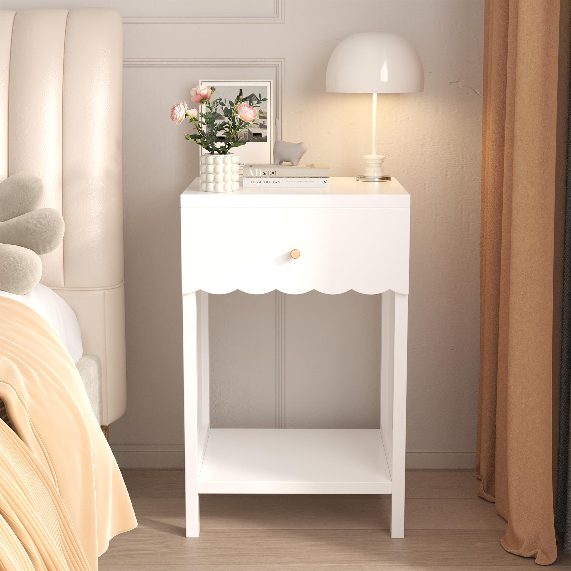 Kids Night Stand, Modern Nightstand with Drawer and Open Shelf, Scalloped Edge Small End Side Table for Living Room, Cute Minimalist Bedside Table for Kids Room or Girls' Room, White