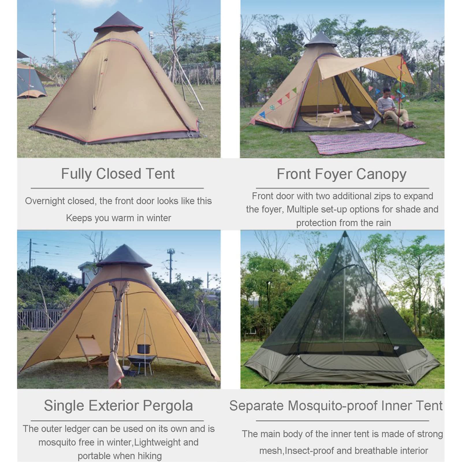 Namioty kempingowe dla 4 osób, wodoodporny namiot piramidalny Teepee namiot dla dorosłych namiot indyjski wodoodporny dwuwarstwowy namiot jurta namiot dzwonkowy do podróży rodzinnych na świeżym