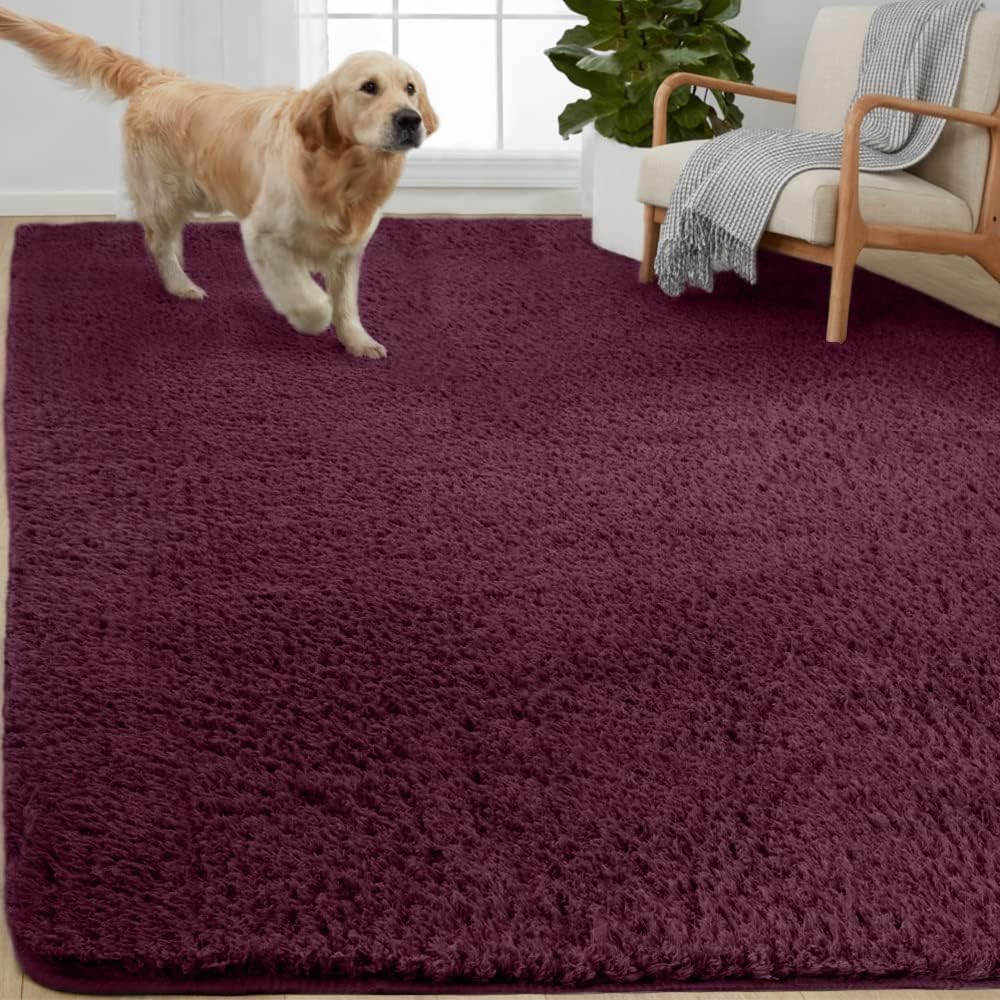 Gorilla GripSoft Faux Fur Area Rug, Washable, Shed and Fade Resistant, Grip Dots Underside, Fluffy Shag Indoor Bedroom Rugs, Easy Clean, for Living Room Floor, Nursery Carpets, 6x9 FT, Plum