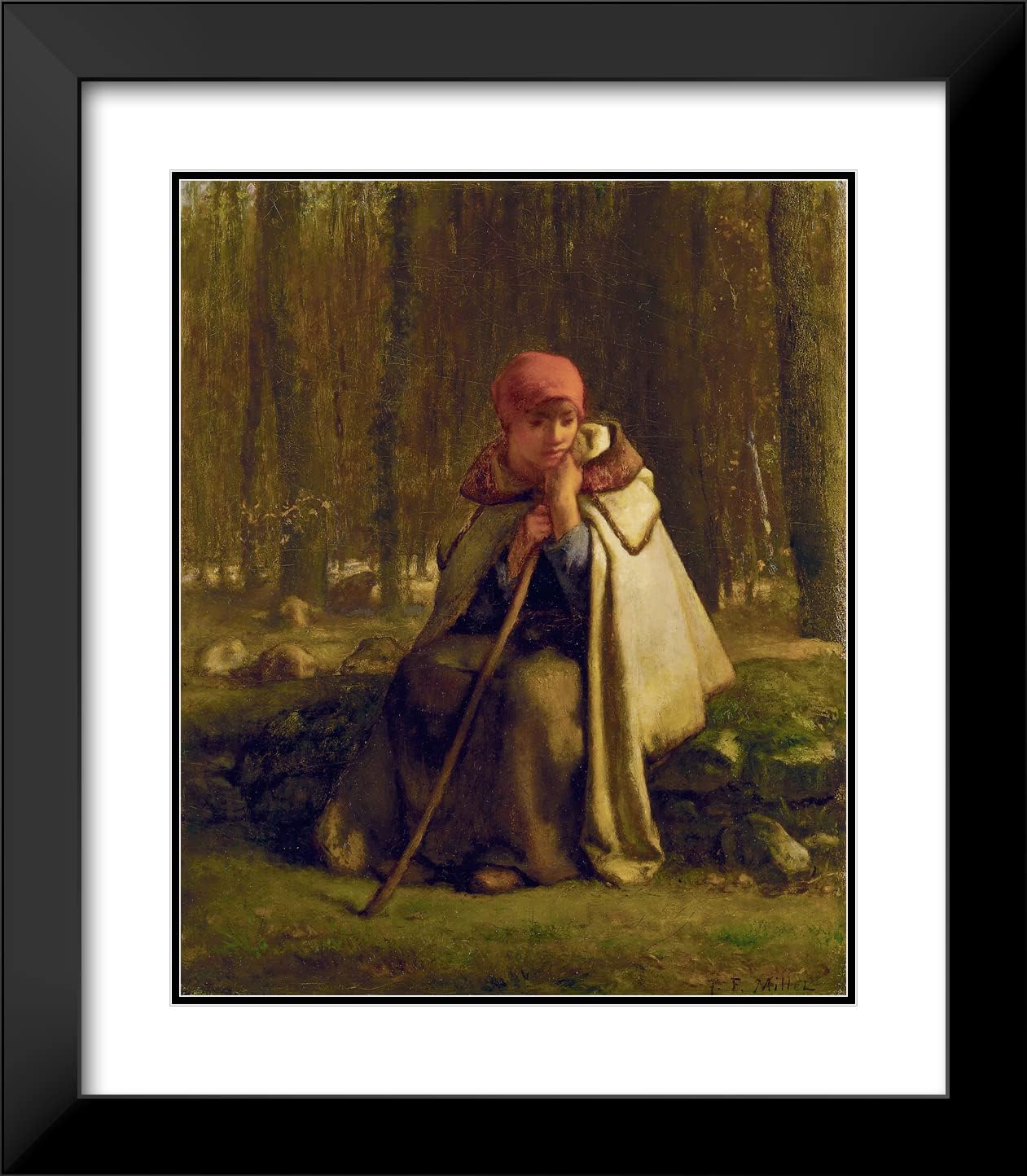 ArtDirect Jean-François Millet 15x18 Black Modern Frame and Double Matted Museum Art Print Titled - Seated Shepherdess (C. 1852)