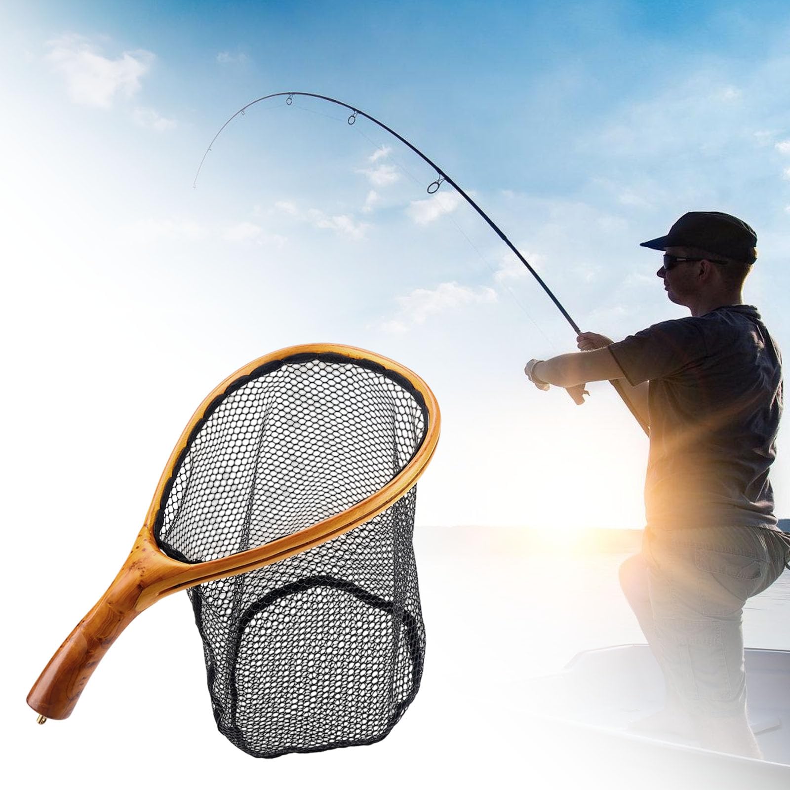 Retino da pesca curvo con manico in legno, design a maglie che protegge i pesci, compatta rete da pesca per pescatori, flussi, pesca