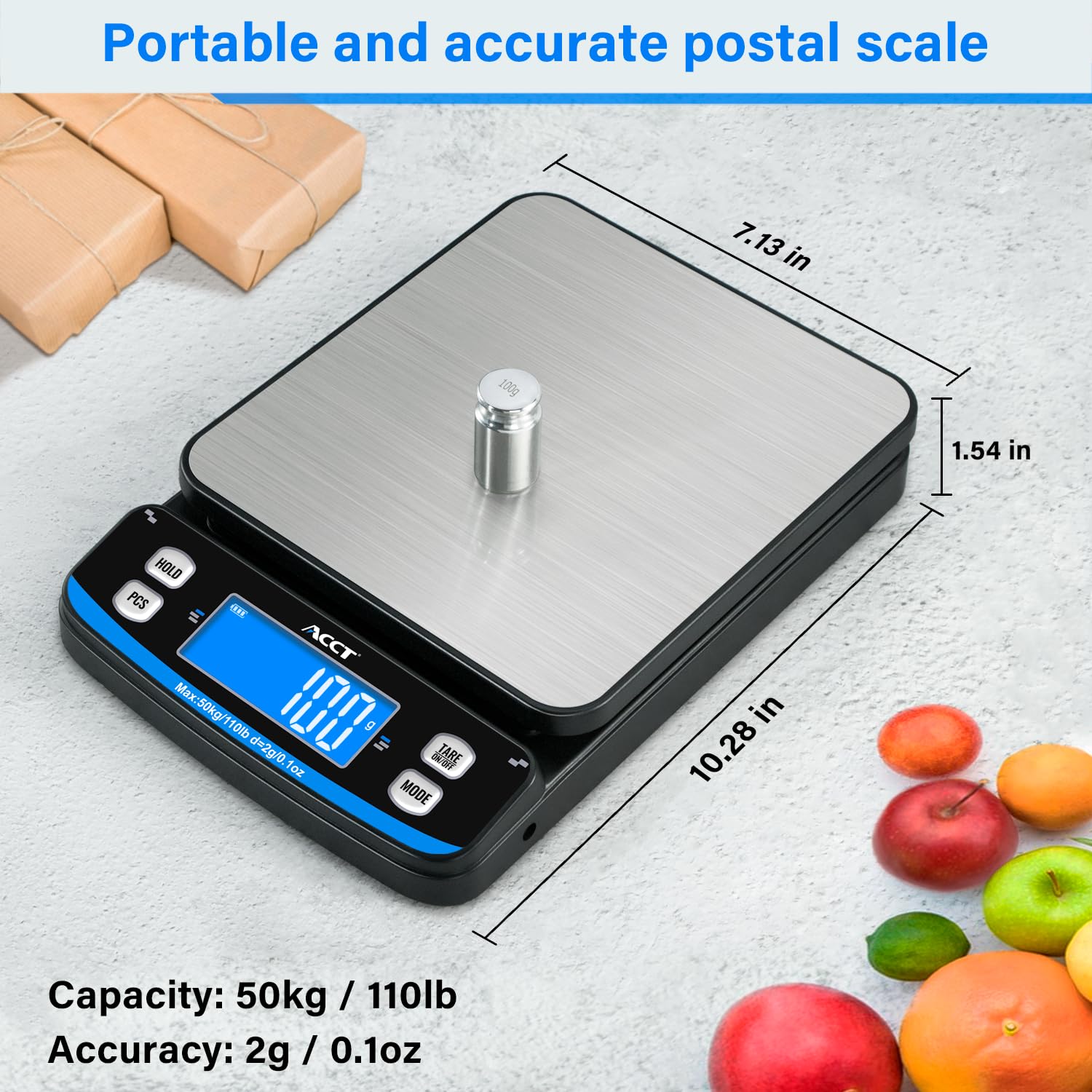 ACCT 110lb Postal Scale – High Precision Shipping Scale with Tare, Count, and Hold Functions, 5 Units, Dual Power Options, Perfect for Mailing, Packages, and Letters, with a Tape