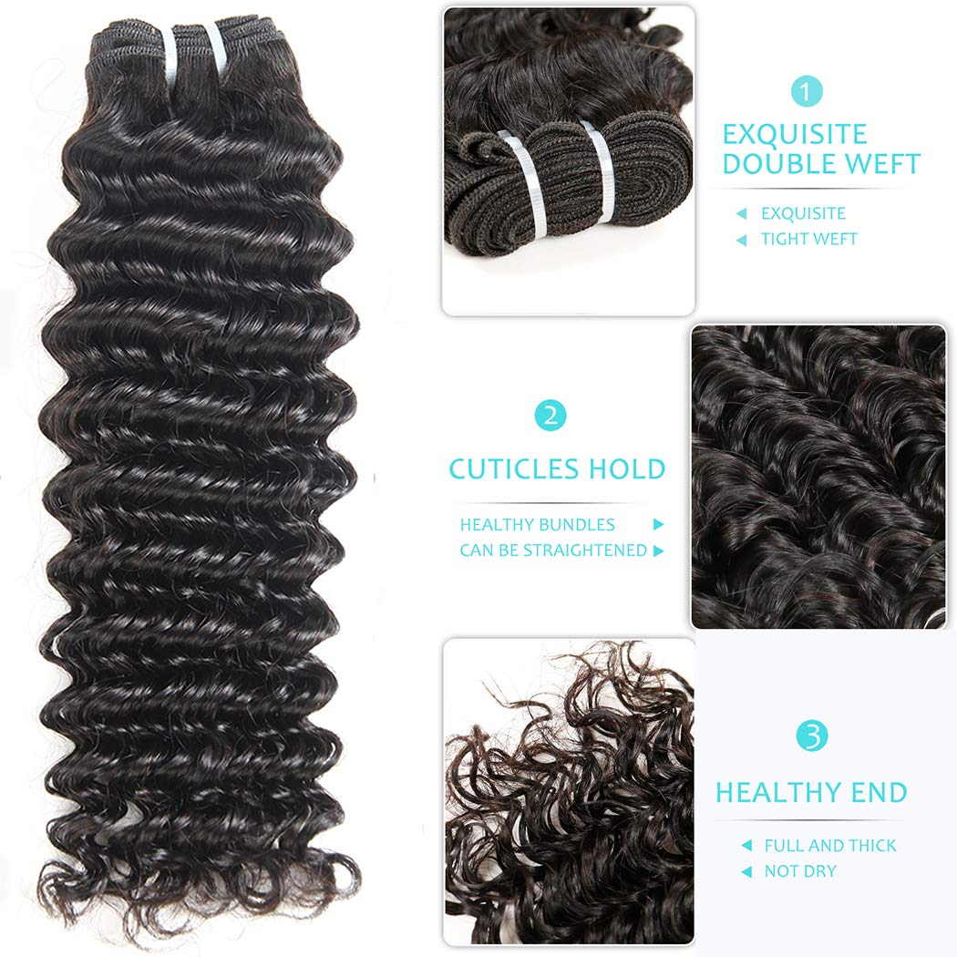 12A Human Hair Bundles with Closure Deep Wave Bundles 10 12 14+10 Inch 4x4 HD Lace Closure Water Wave Wet and Wavy 100% Brazilian Virgin Deep Curly 3 Bundles Human Hair Bundle for Women 70g/bundle - Image 4