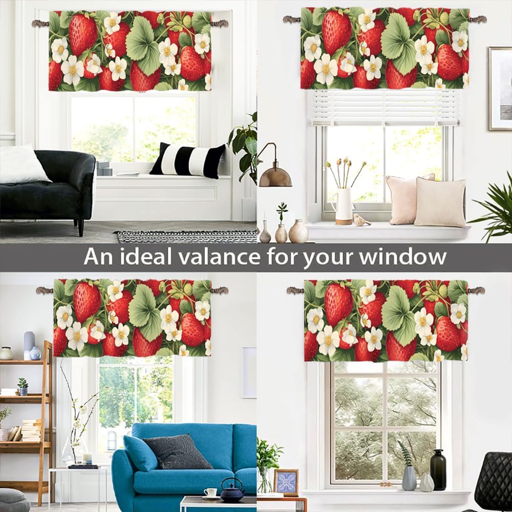 1 Panel Farmhouse Fruit Curtain Valance for Windows, Retro Rustic Strawberry Floral Rod Pocket Short Window Treatment Decor Drapes for Kitchen, Bathroom, 54" X 18"