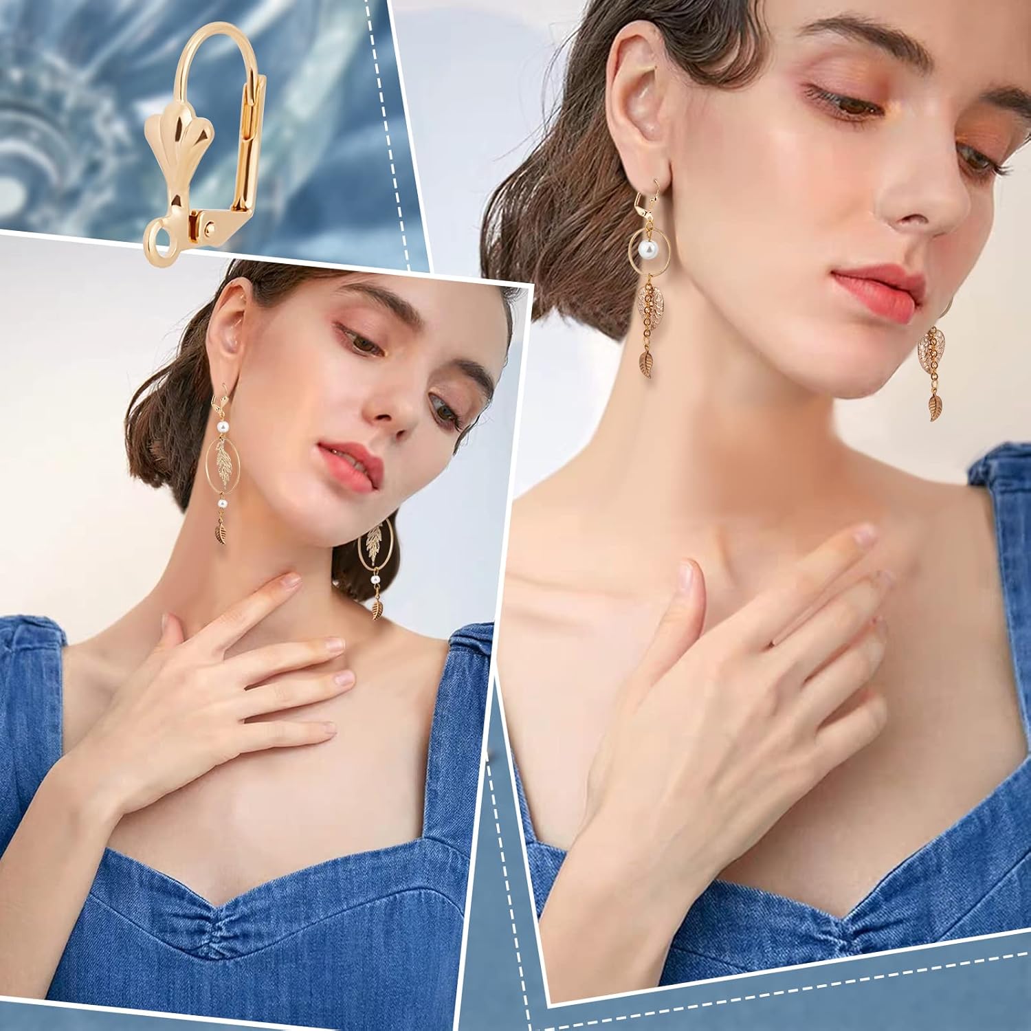 Beebeecraft 1 Box 50Pcs Leverback Earring Findings 18K Gold Plated French Earring Hooks 16x11mm Leaf Pattern Interchangeable Dangle Ear Wire Findings for Jewelry Making