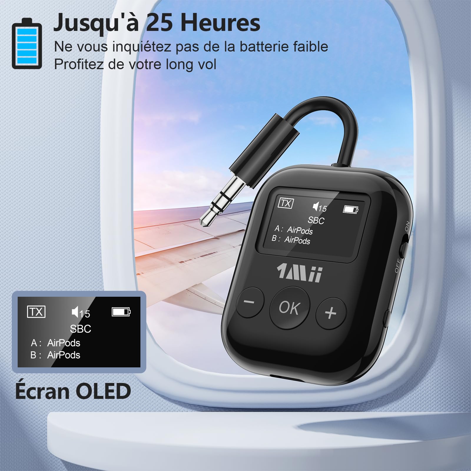 1Mii SafeFly Dual Émetteur Bluetooth 5.3 OLED - Pour 2 Écouteurs, AptX HD/LL, Avion Gym TV 3,5mm
