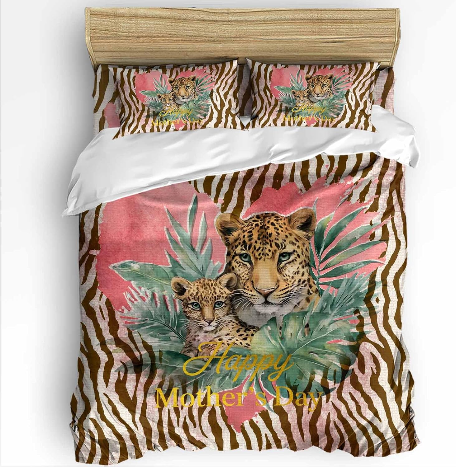 Duvet Cover Queen Size - 4 Pieces Bedding Set, Happy Mother's Day Bedding Comforter Covers Zipper Closure, 1 Duvet Covers 1 Fitted Sheet 2 Pillow Shams Leopards Brown Abstract Art Pink