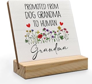 Grandma to Be Gifts Desk Decor, Promoted from Dog Grandma to Human GrandmaWood Plaque, New Grandmas Gifts, Pregnancy Announcement for Grandmas Wooden Plaque Sign with Wood Stand for Home Office